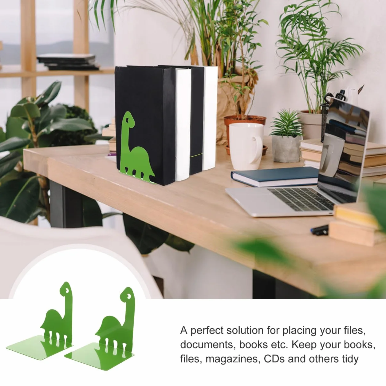 TOYANDONA Podpórki do książek z żelaza, z motywem dinozaura, antypoślizgowe, do książek, na płyty DVD, do biura, biblioteki, szkoły, dekoracja, 1 para, kolor zielony
