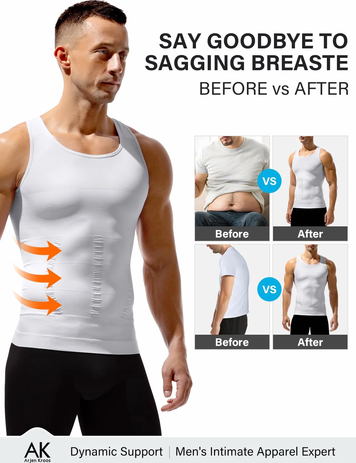 Arjen Kroos Shapewear męska koszulka kompresyjna, elastyczna, wyszczuplająca brzuch, podkoszulek funkcyjny, bez rękawów, A2-biały, XL