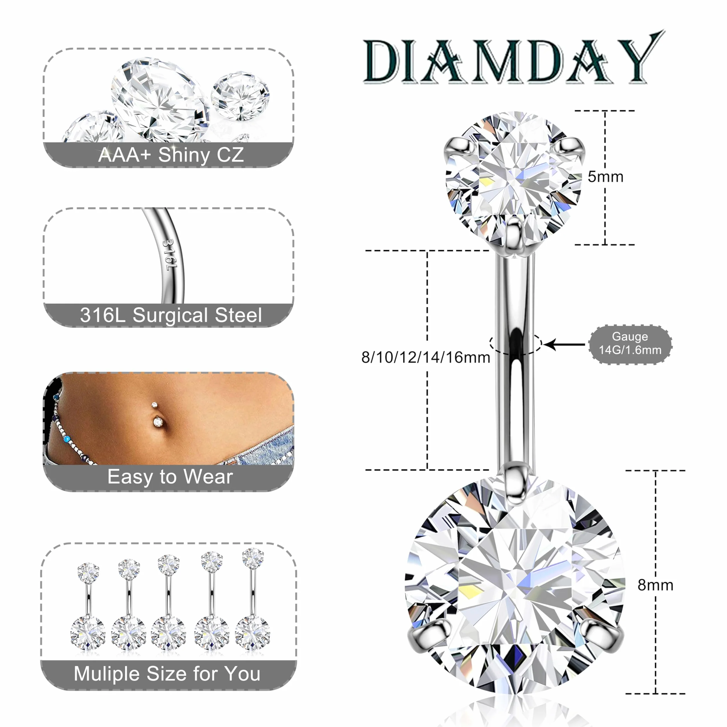 Diamday Kolczyk do pępka ze stali chirurgicznej 316L kolczyk do pępka 14G hipoalergiczne pierścienie do pępka błyszczące CZ kolczyk do pępka paski do pępka paski do pępka srebrna sztanga do brzucha