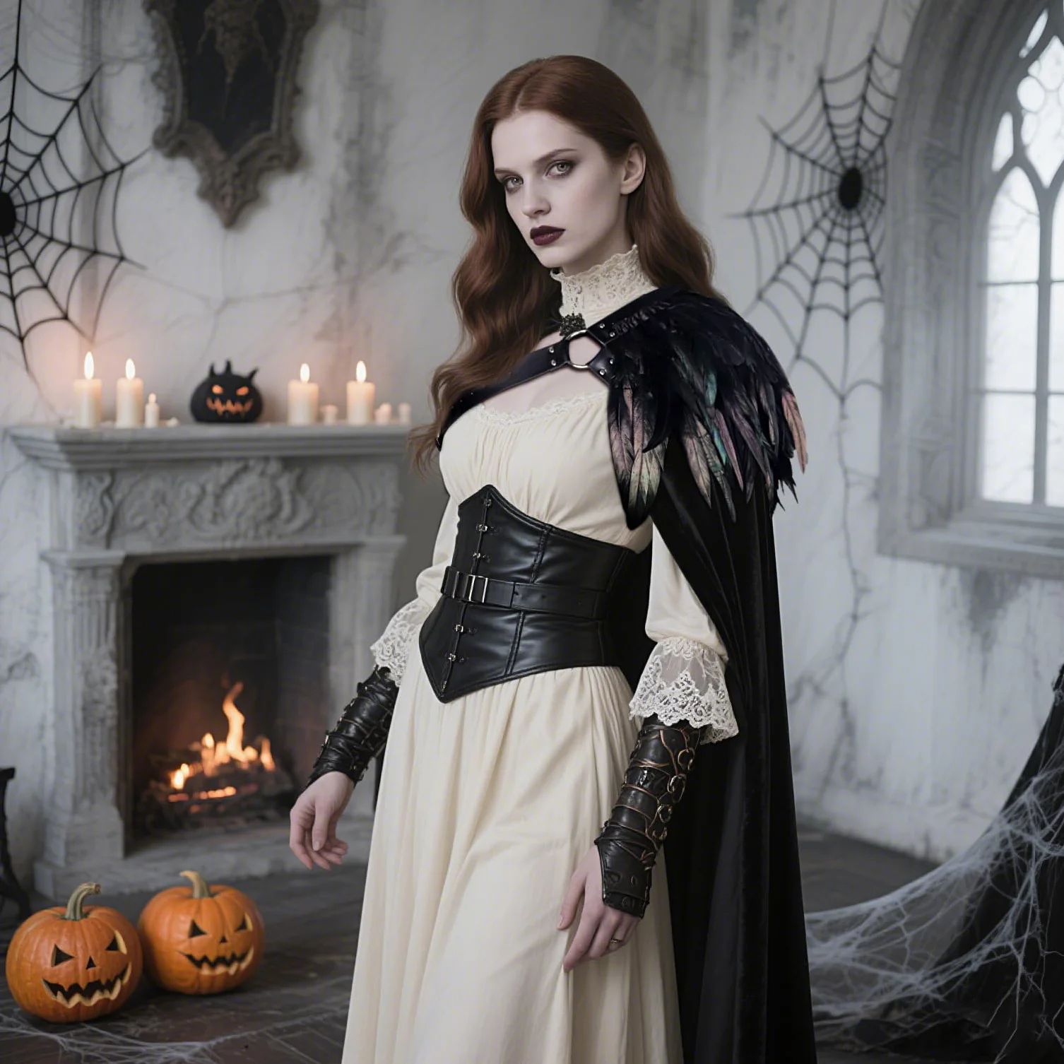 keland Gotycka peleryna na jedno ramię z piórkami – Halloween, rycerz, wampir, cosplay
