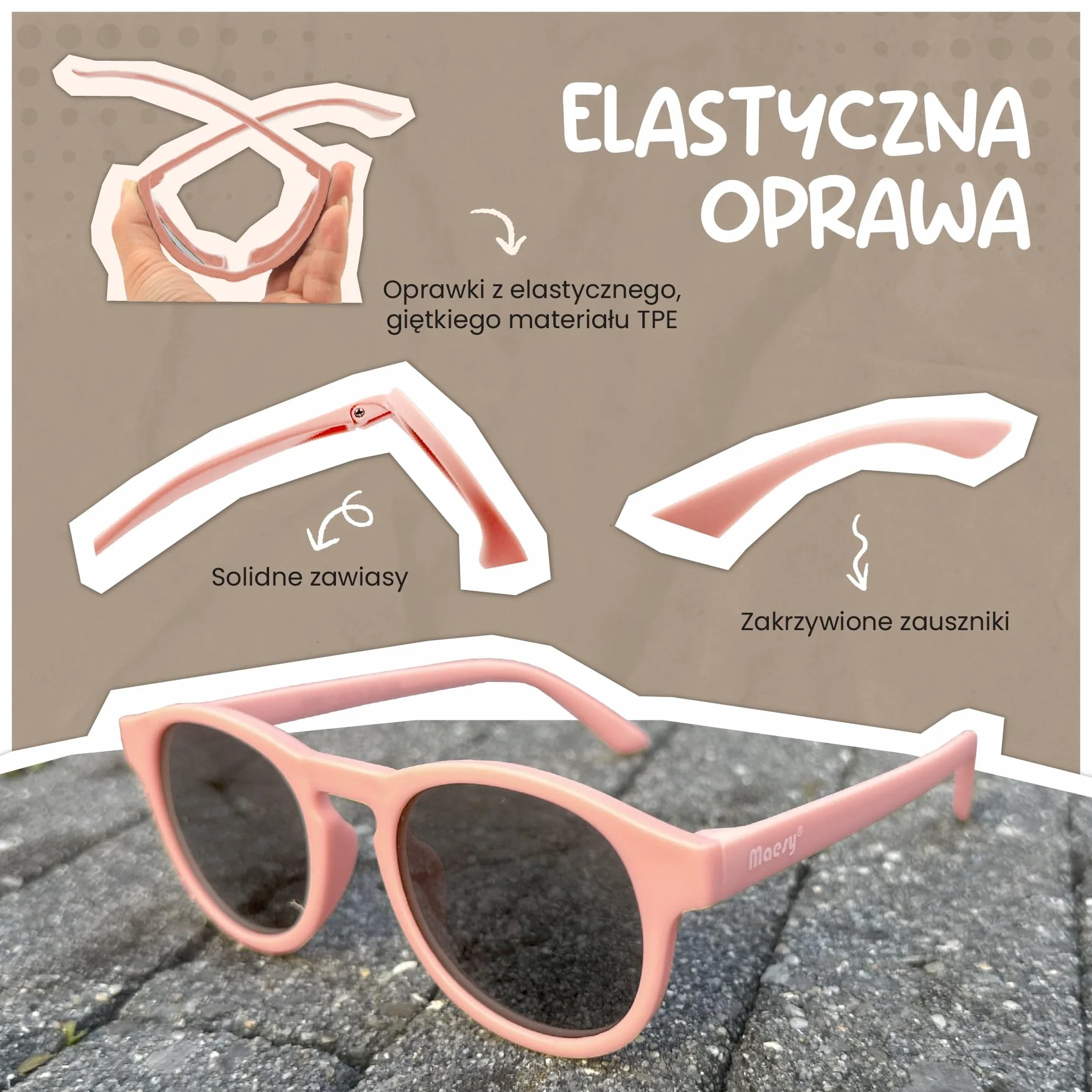 dziecięce okulary przeciwsłoneczne Faela - 3-6 lat - elastyczne, wyginane - ochrona UV400 z polaryzacją - maluchy i przedszkolaki - chłopcy i dziewczynki - okrągłe