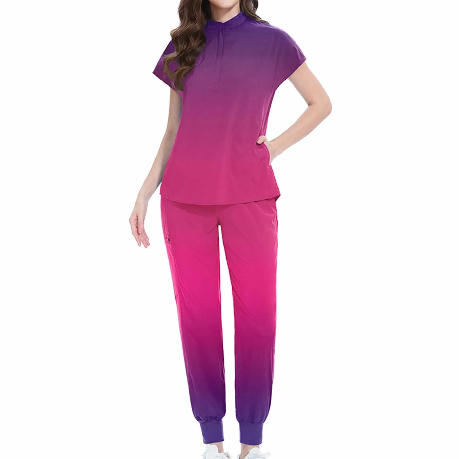Scrubs Uniforms damski zestaw gradientowe pielęgniarki mundury kosmetyczne mundury medyczne i peelingi tuniki opieki zdrowotnej dla kobiet stójka top z krótkim rękawem i zestaw spodni pielęgniarka