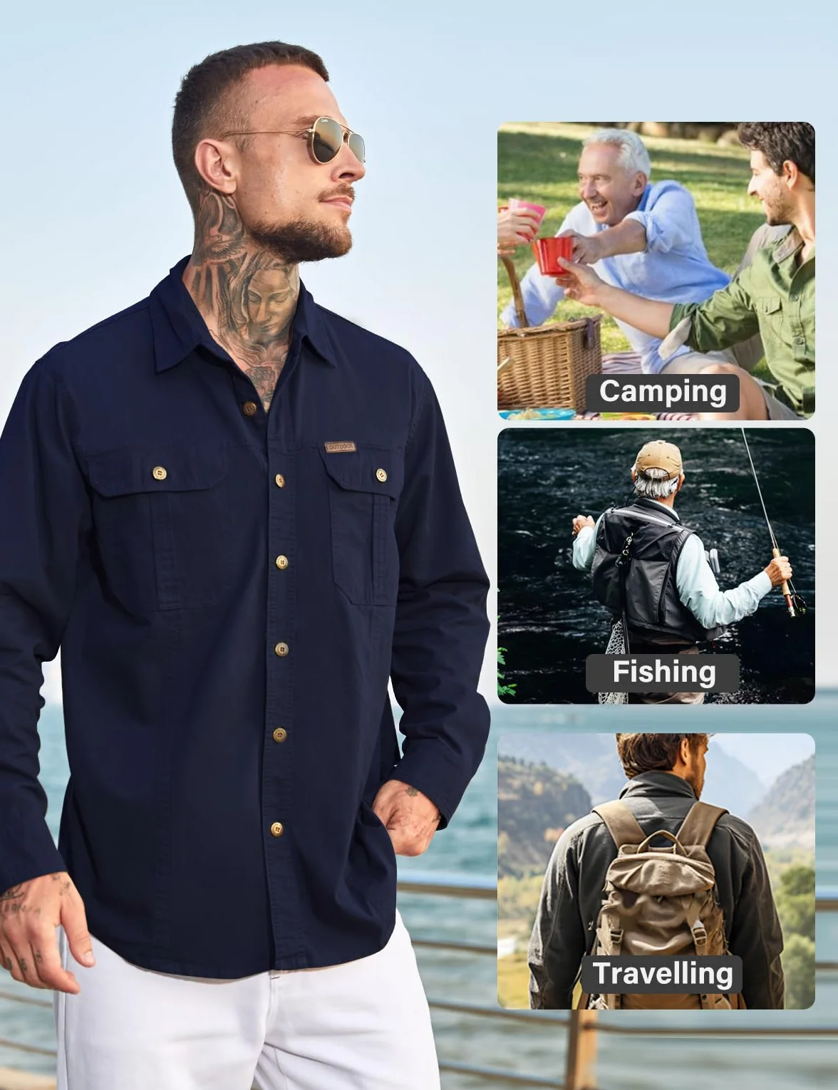 Casey Kevin Koszula męska z długim rękawem, bawełna cargo, koszula męska, zapinana na guziki, koszula outdoorowa, koszula robocza, 2 kieszenie, krój Regular Fit