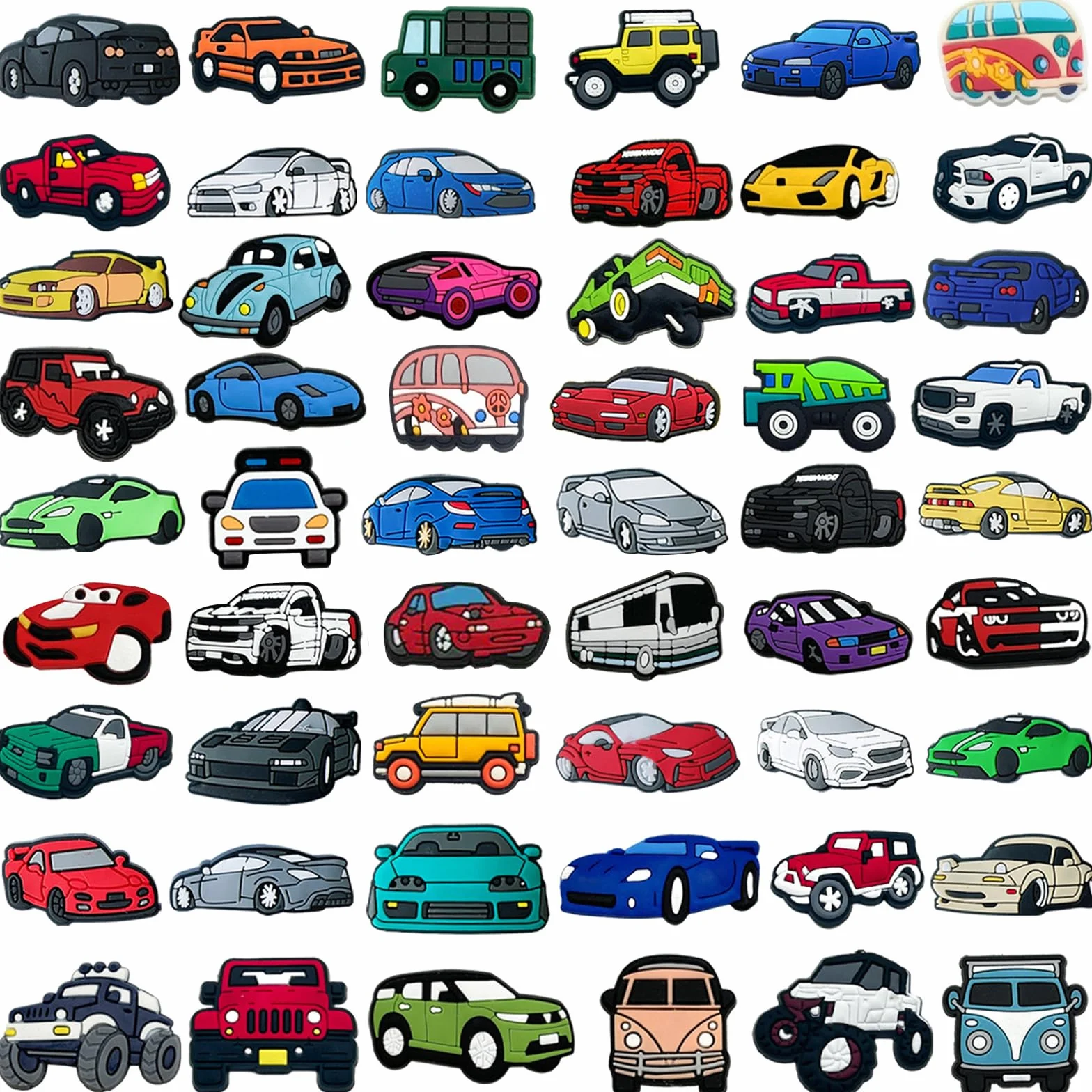 54 sztuki zawieszek do butów Cars, z PCW, zawieszki do butów z kreskówkowych samochodów, szpilki do butów samochodowych dla dzieci, dekoracja do butów samochodowych, przypinki do butów dla