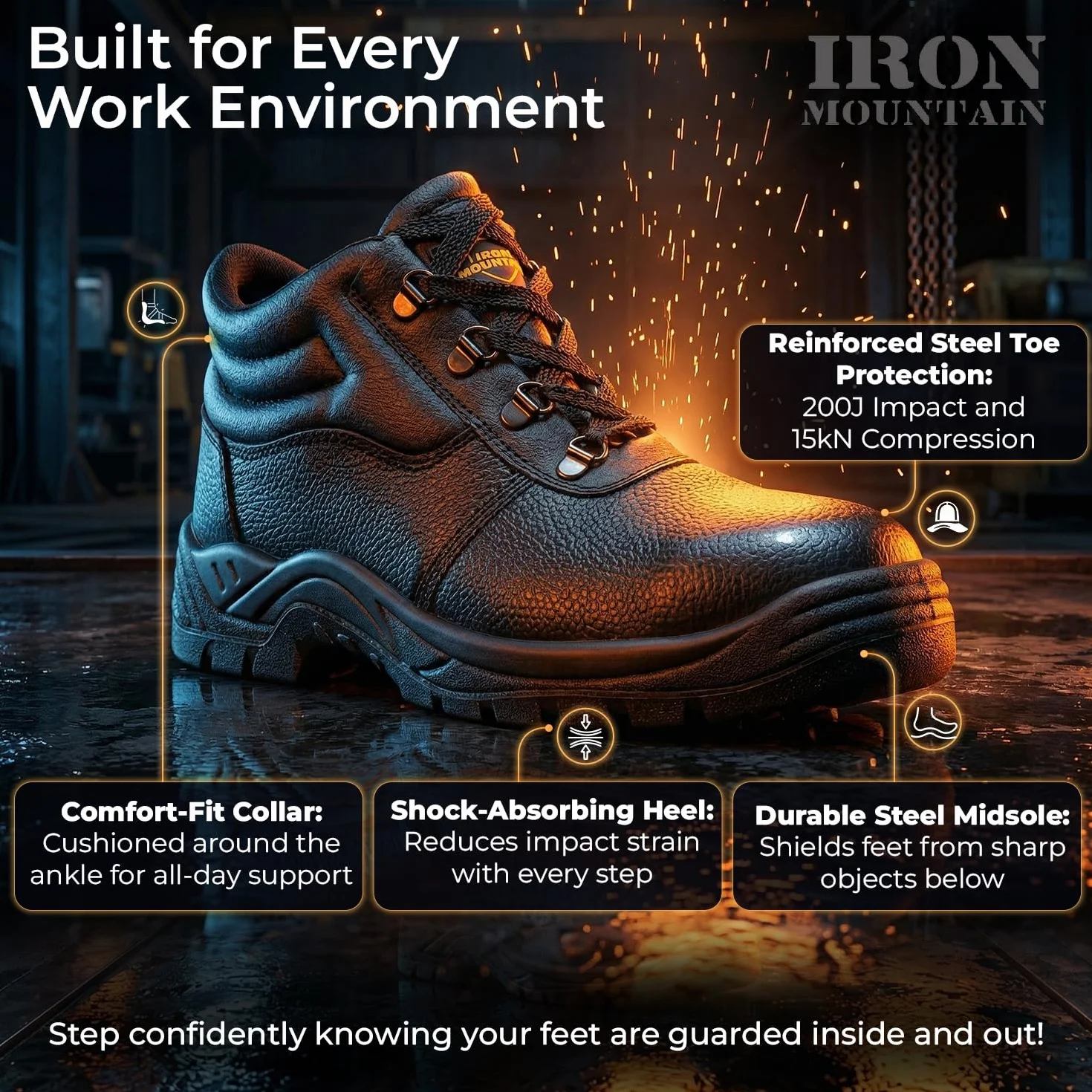 Iron Mountain IMBT227 męskie stalowe noski podeszwa środkowa antypoślizgowa przeciwpoślizgowa przeciwprzenikająca antystatyczna wodoodporna odzież robocza bezpieczna stopka, czarna, 5/38