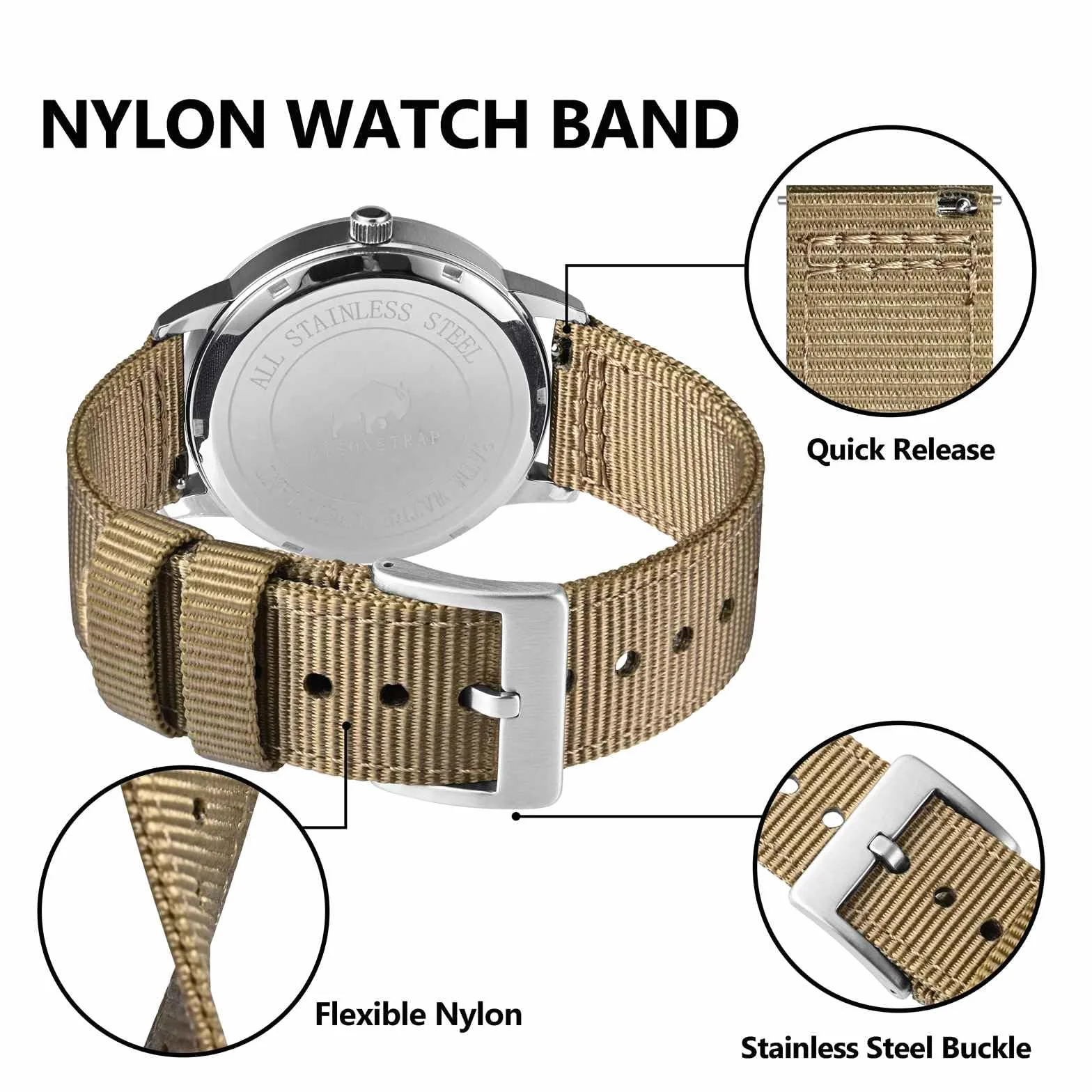 BISONSTRAP Męskie nylonowe paski do zegarków, dwuczęściowe, wojskowe, szybkie zapięcie, szczotkowana klamra, szerokość 18 mm, 19 mm, 20 mm, 22 mm