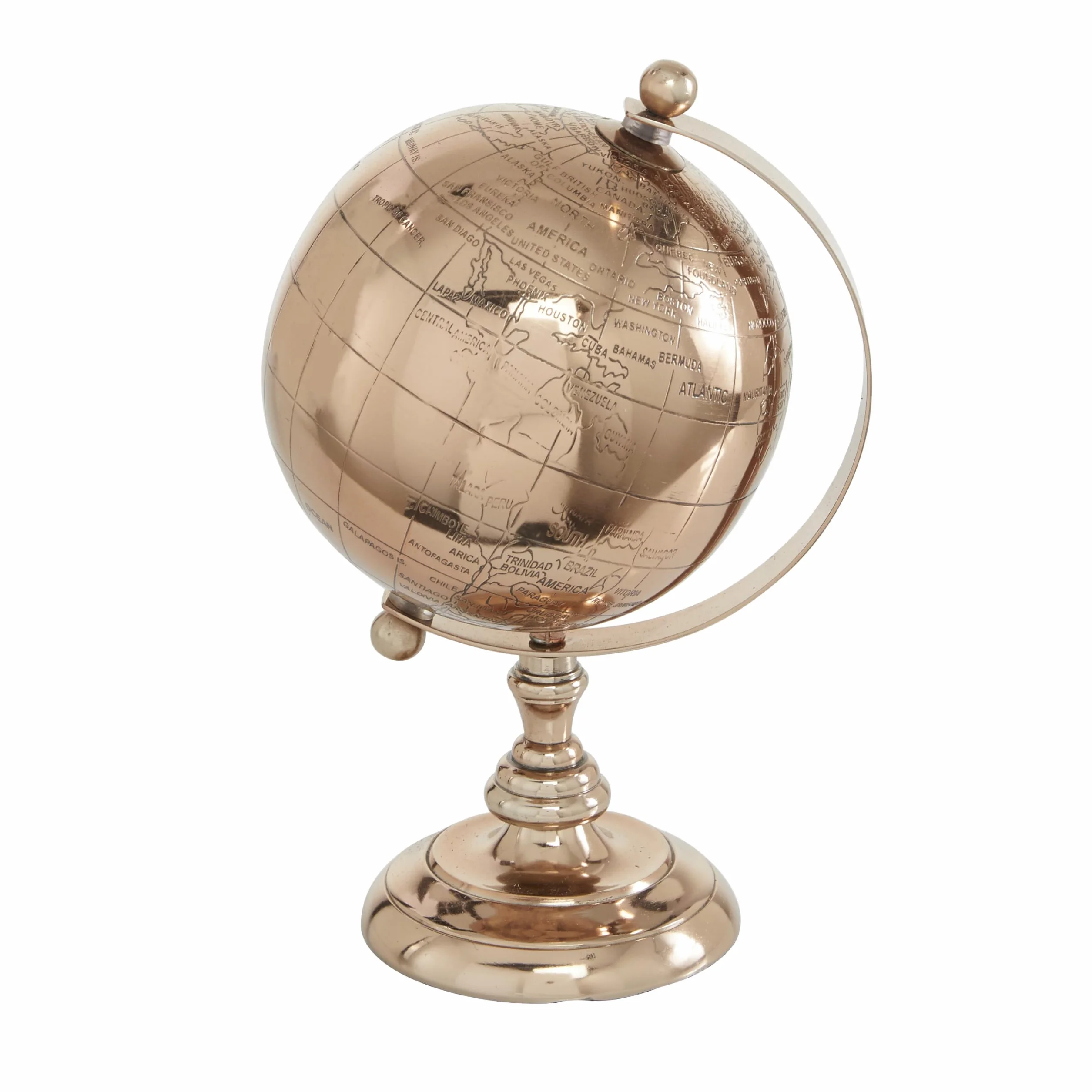 Deco 79 Tradycyjny aluminiowy globus edukacyjny, geograficzny, nowoczesna dekoracja biurka - do szkoły, domu i biura, 15 cm dł. x 15 cm szer. x 25 cm wys., różowe złoto
