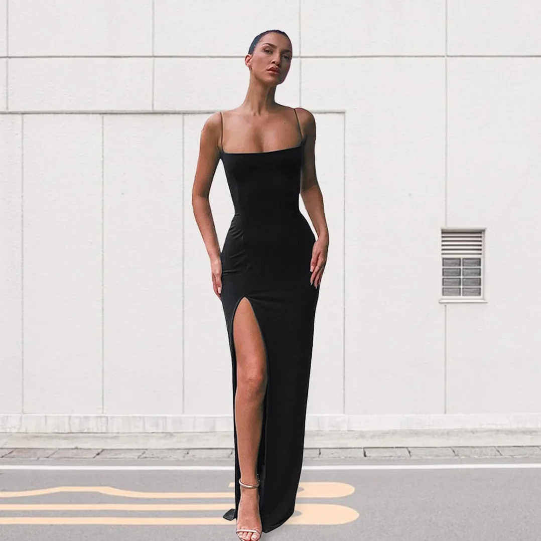 Damska sukienka koktajlowa, sukienka maxi, sukienka na imprezę, elegancka sukienka damska, casualowa, jednokolorowa, spaghetti, z paskiem, podkreślająca figurę