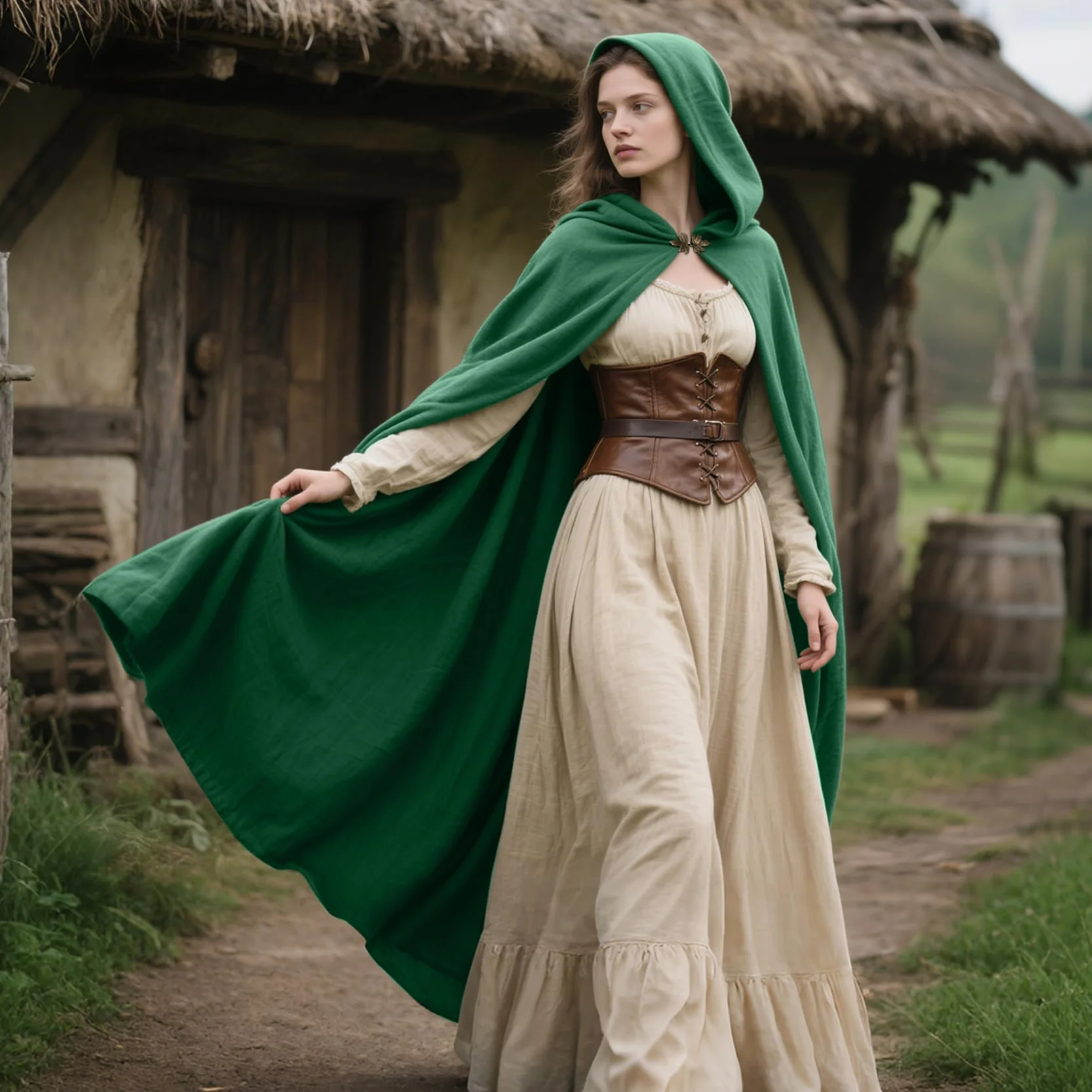 keland Średniowieczna peleryna lniana renesansowa peleryna z kapturem dla kobiet i mężczyzn, Halloween, Cosplay (zielona)
