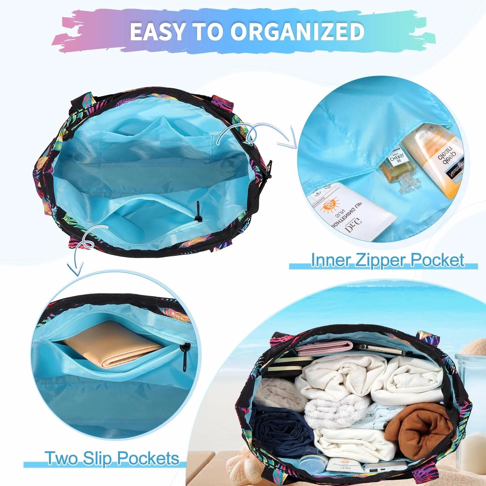 Chic torba plażowa z zamkiem błyskawicznym, duży format, wodoszczelna, odporna na piasek, na lato, na basen, modna torebka na zakupy, Kolorowe liście, 35 cm x 14 cm x 37.5 cm