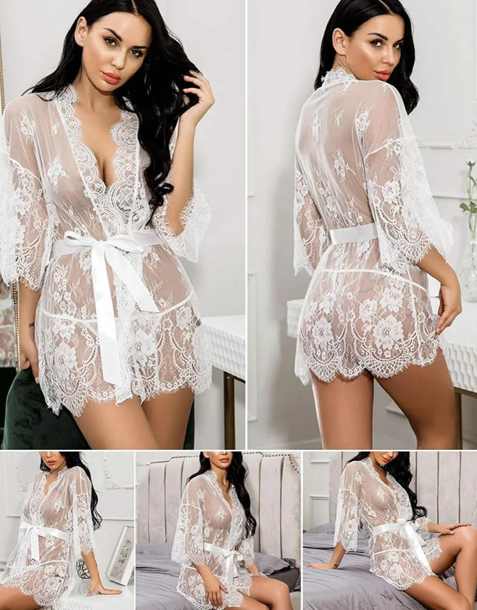 Seksowna Bielizna Nocna z Koronki Jednoczęściowa Seksowna Głęboka Szczelina Koszula Nocna z Paskiem G-String Przezroczysta Erotyczna Curvy Bielizna Nocna Sukienka Kimono na Walentynki Dla