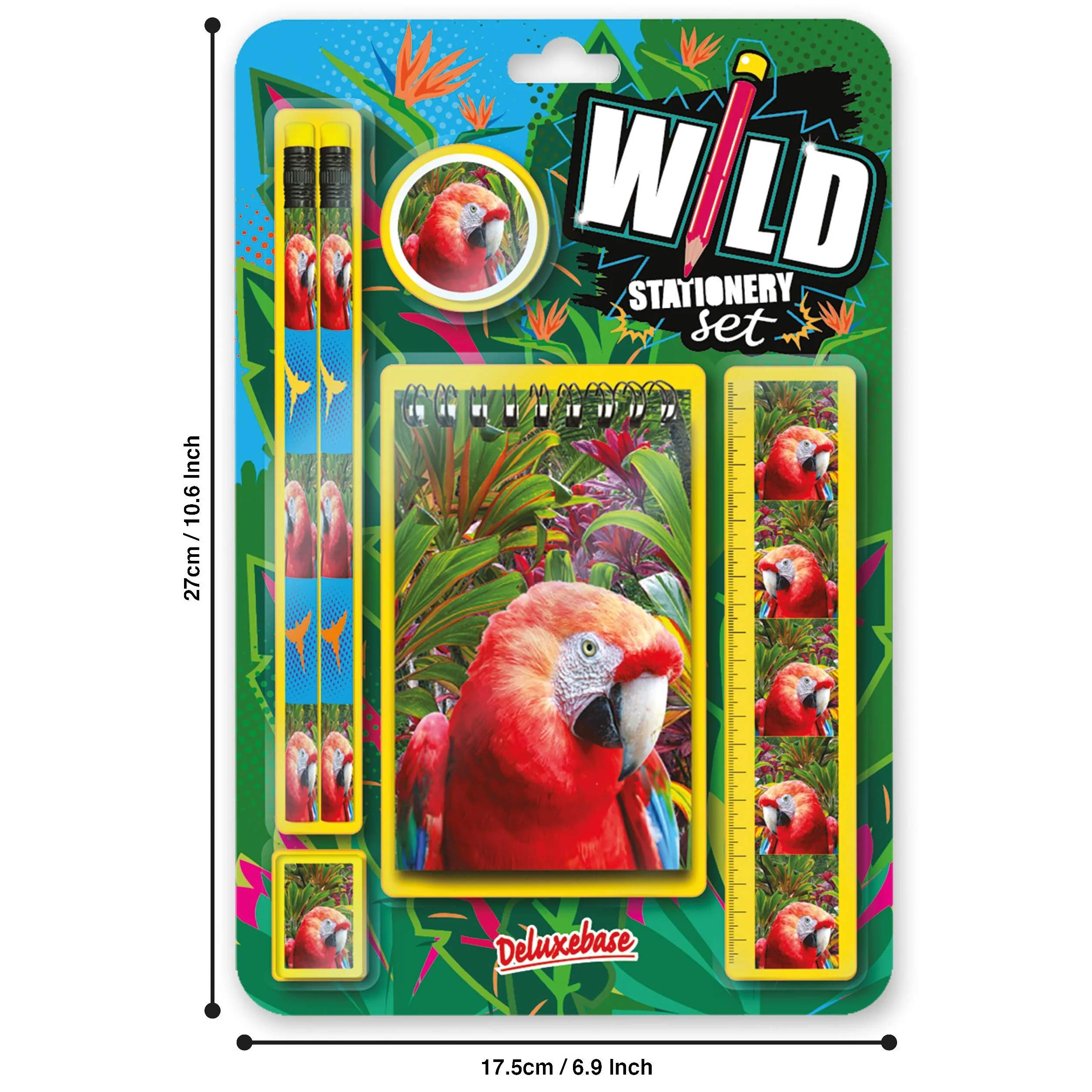Zestaw Wild Stationery - papuga deluxebase. Te zabawne zestawy przyborów szkolnych obejmują 2 ołówki, gumkę, temperówkę, linijkę i zeszyt, zestaw artykułów piśmienniczych