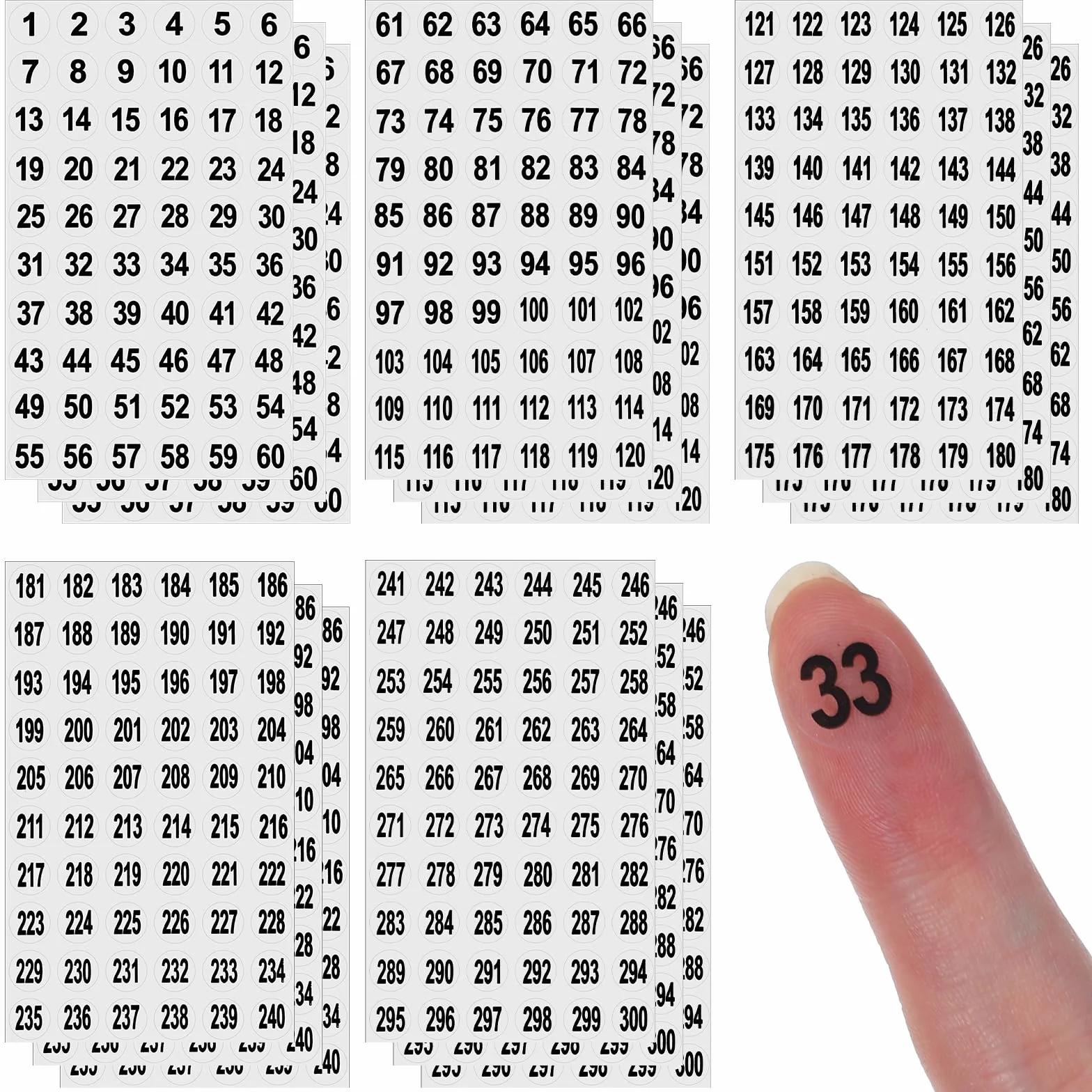 Mabor 15 arkuszy okrągłych naklejek z numerami 1–300, małe, przezroczyste kolejne etykiety z numerami, samoprzylepne naklejki magazynowe do pojemników do przechowywania, skrzynki narzędziowej