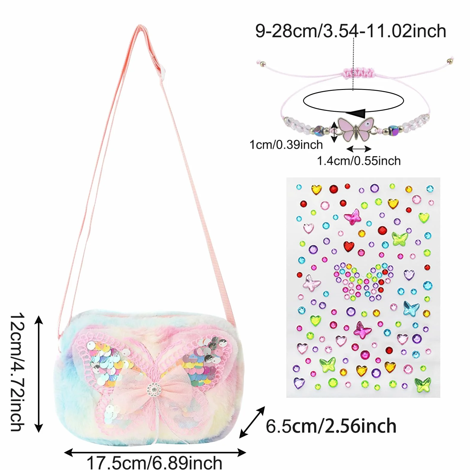 Torba dziewczęca, tęcza mała torebka z regulowanym paskiem pluszowa torba na ramię dla dziewczynki 2-10 lat, 17 x 6 x 12 cm, Tęczowa torba dziewczęca