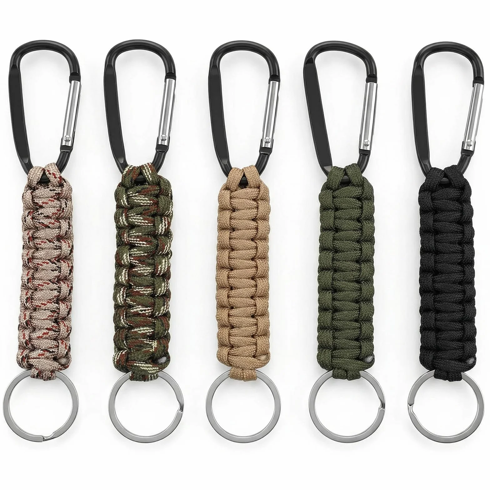 5 sztuk breloczków do kluczy Paracord, pleciony, z karabińczykiem, na kemping, wędrówki, podróże z plecakiem