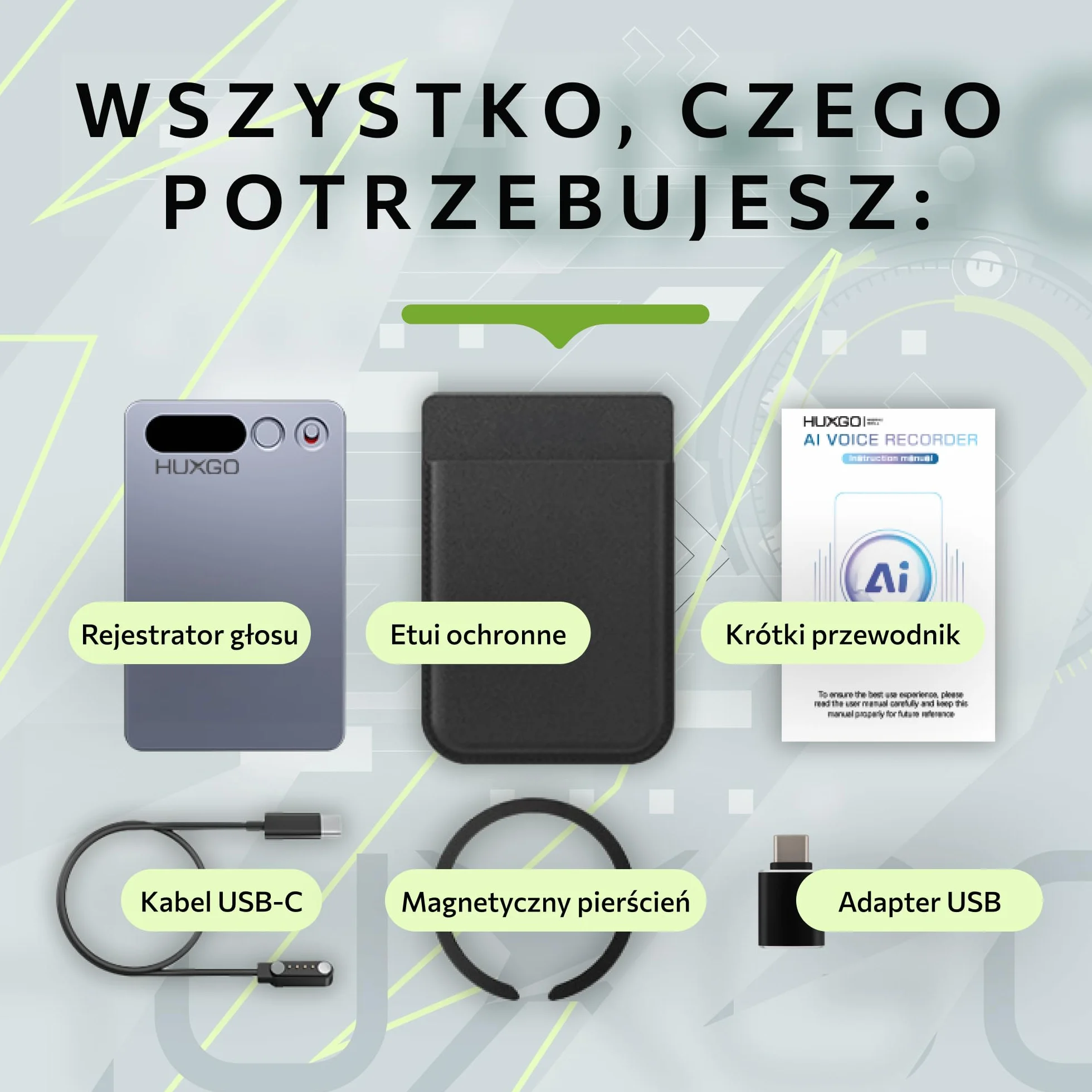 Dyktafon Cyfrowy AI 64GB z Podwójnym Mikrofonem i Redukcją Szumów – 35 h Nagrywania, Bluetooth 5.3, Aplikacja do Transkrypcji i Tłumaczenia (118+ Języków) - HUXGO®