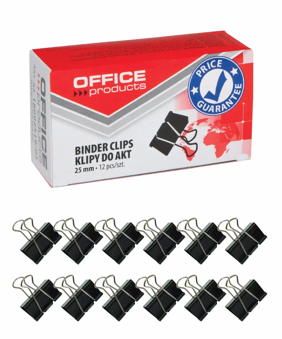 Klipy do Dokumentów OFFICE PRODUCTS 25mm 12szt Czarne/Drobne Akcesoria Biurowe/Typ-do Akt/Rodzaj-Standard/Materiał-Metal/Kolor-Czarny/Rozmiar-25mm
