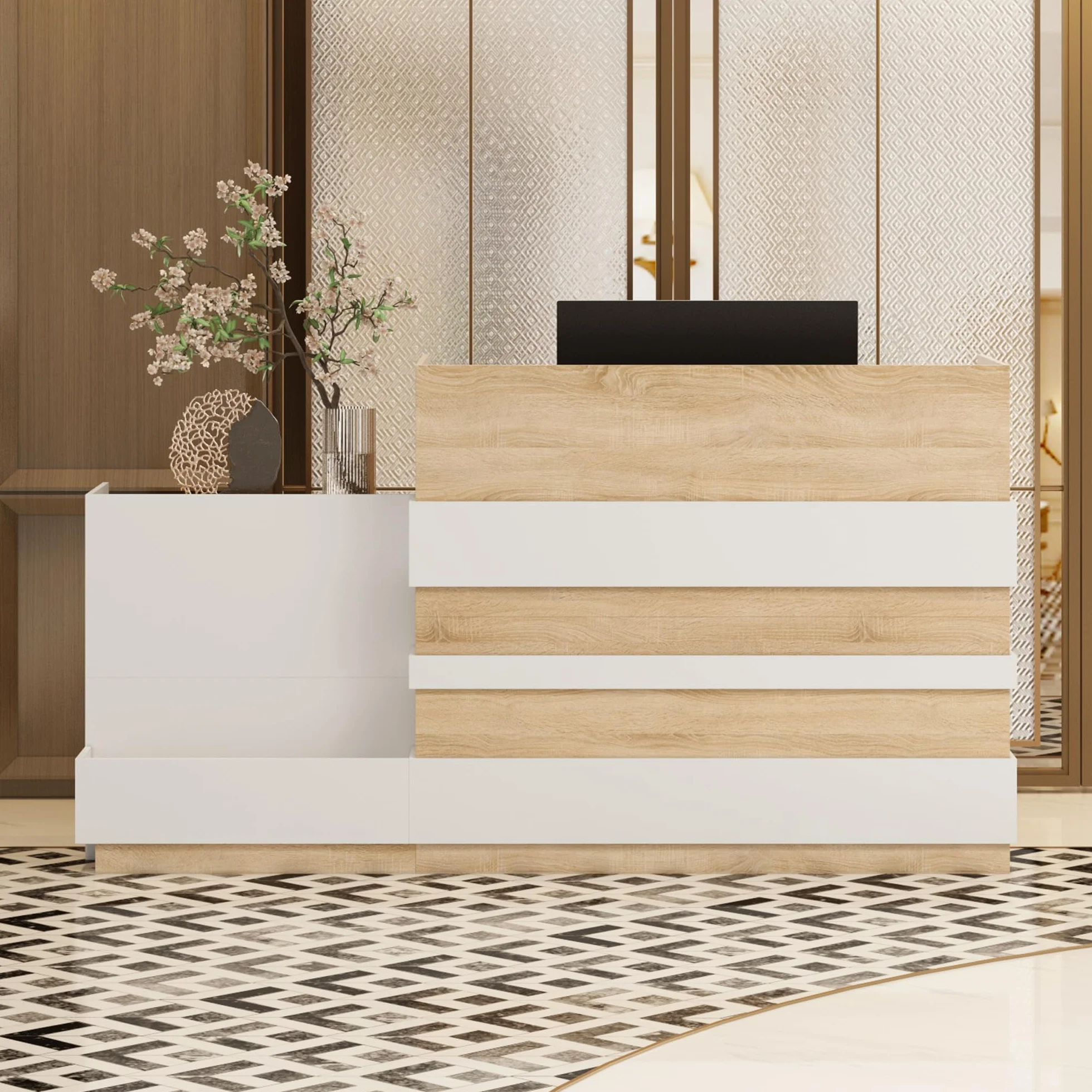 lada recepcyjna, recepcja, stół recepcyjny, stół recepcyjny, strefa recepcyjna, stół recepcyjny, mebel biurowy, 222 cm x 64 cm x 120 cm, biały + drewno dębowe