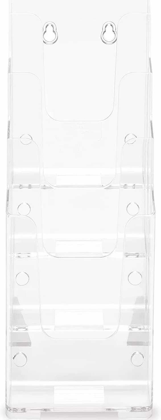 Deflecto wielopoziomowy stojak na broszury, DIN A4 1/3, format pionowy, 120 x 255 x 200 mm, 4 poziomy, ścięty, krystalicznie czysty, na stół lub ścianę, stojak na reklamy, ulotki, prezentacje
