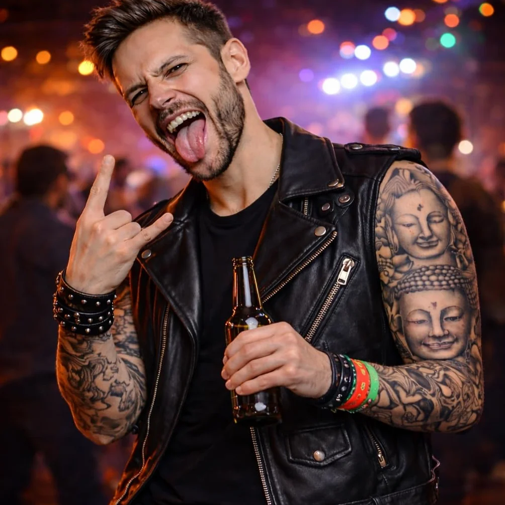 Kostimheld® tatuaż z rękawami z nylonu – łudząco prawdziwe – męskie – podkolanówki na karnawał i Halloween – rocker