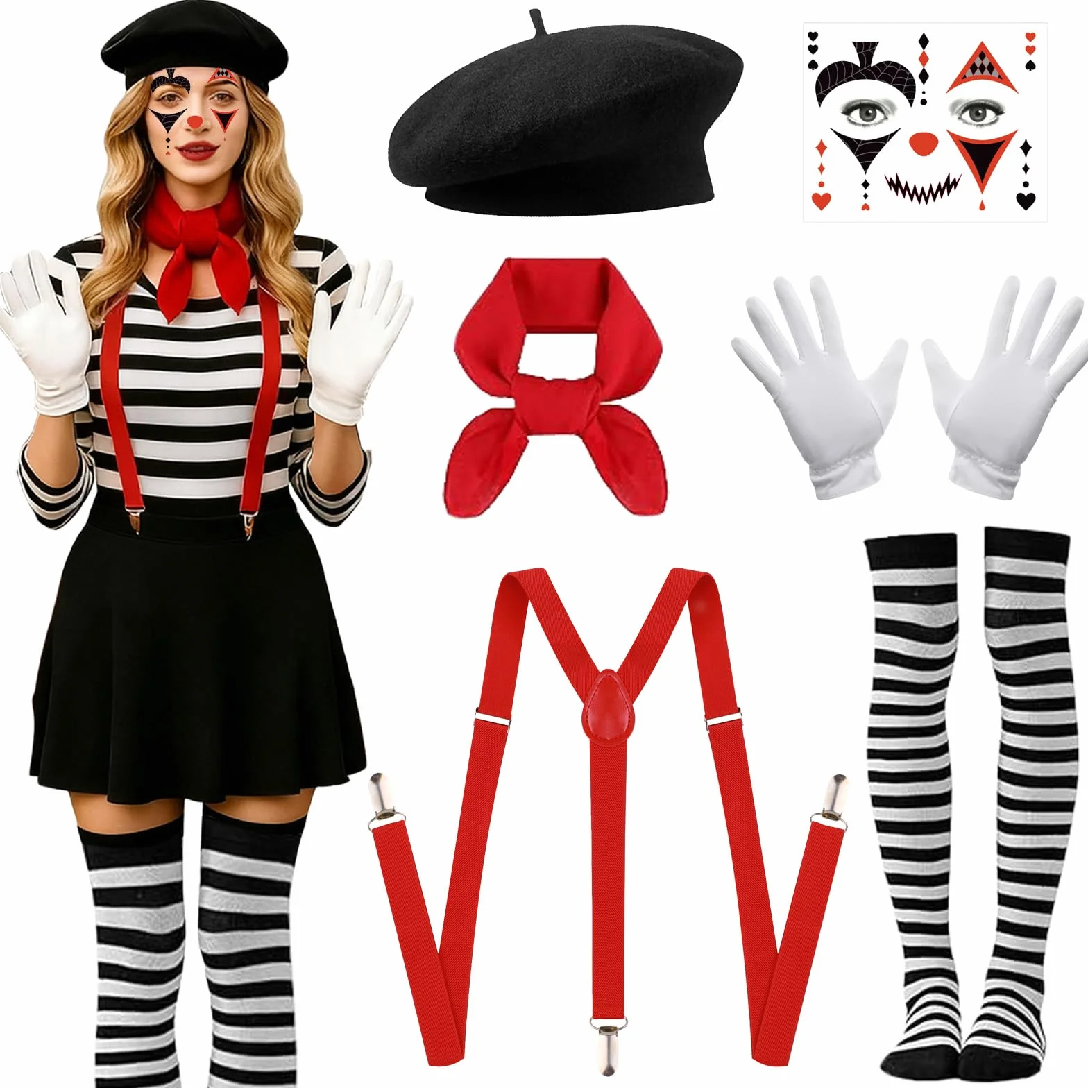 LUKIUP Kostium damski z cyrkiem, na Halloween, 5 sztuk, kostium klauna z beretem, szalikiem, rękawiczkami, skarpetkami i szelkami, kostium klauna na Halloween, karnawał, imprezę Cosplay