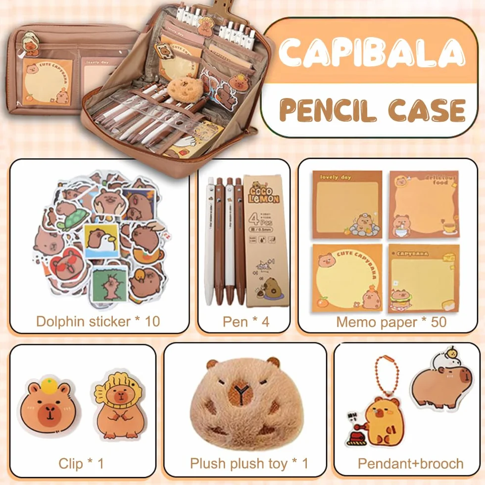 Piórnik capybar - piórnik z 12 przegródkami, Memo Pad, breloczki, naklejki, szpilki i pluszaki
