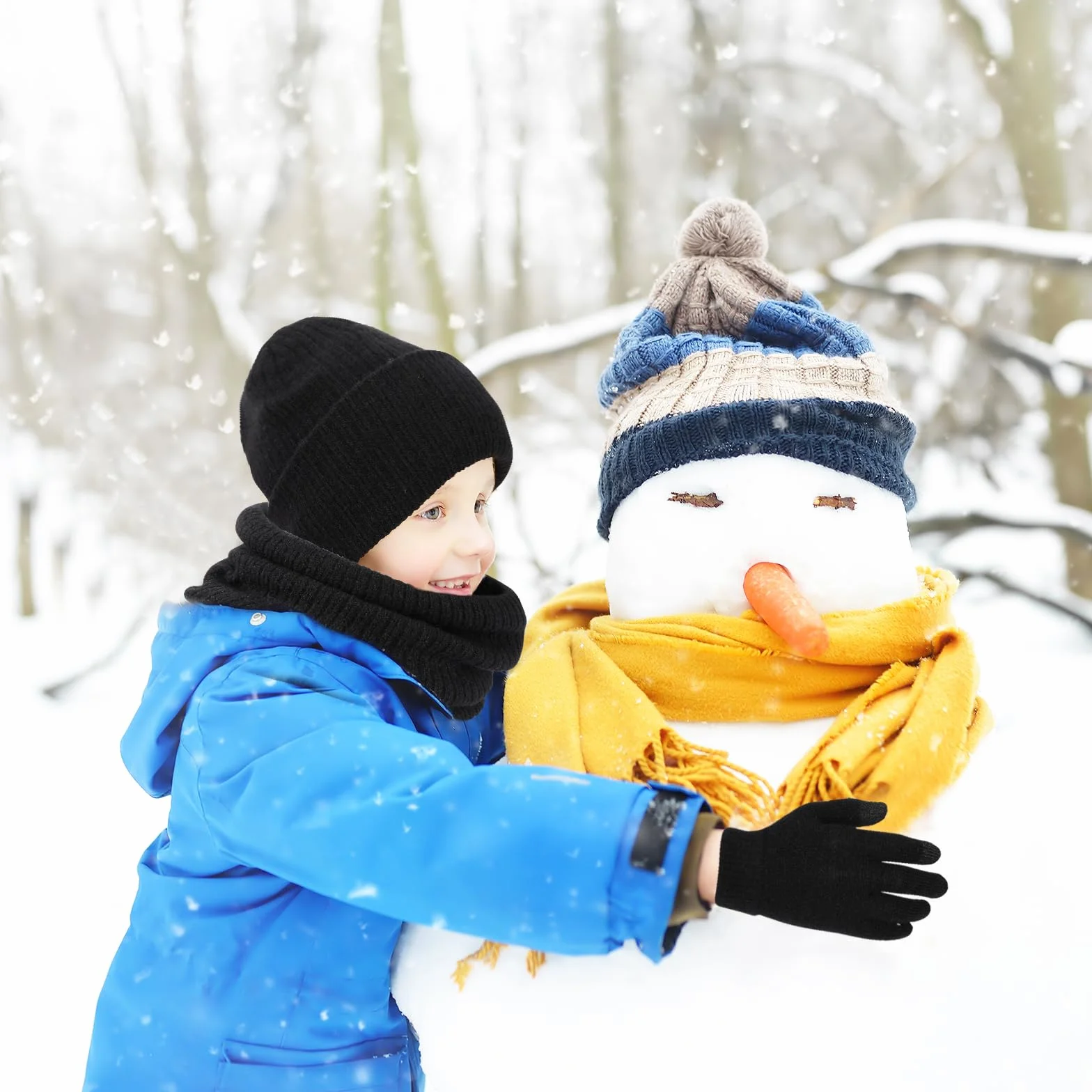 QKURT Dziecięca czapka beanie, szalik, rękawica, dziecięca zimowa czapka termiczna ocieplacz na szyję rękawiczki do ekranu dotykowego miękki ciepły kapelusz szalik rękawica kolorowa dla 5-10 lat