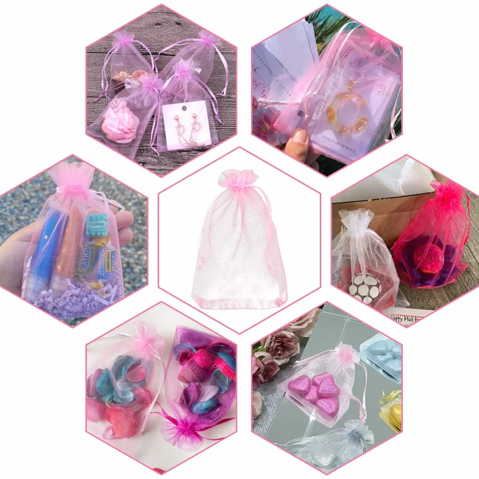 G2PLUS Różowe torebki z organzy, 10 x 15 cm, 50 sztuk, z organzy, ze sznurkiem, na ślub, cukierki, torebki na biżuterię, torebki prezentowe