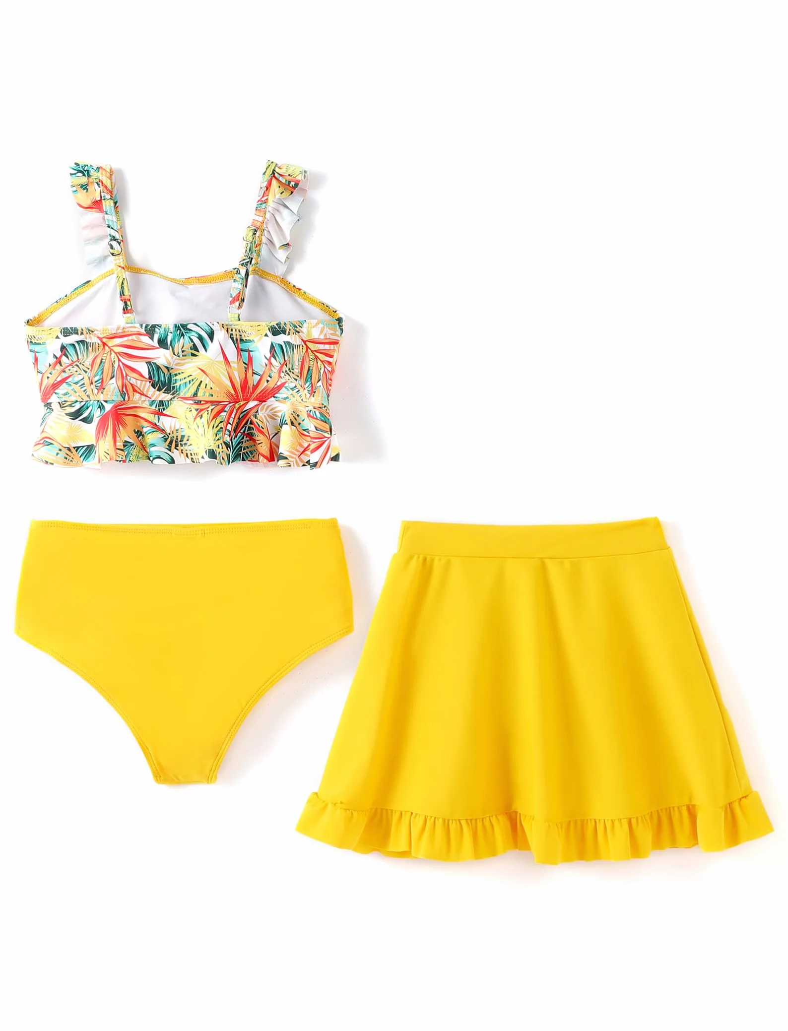 PATPAT Zestaw kostiumów kąpielowych bikini dla dziewczynek, 3-częściowy zestaw tankini z górą, spodenkami i spódnicą do pływania, stroje kąpielowe dla dzieci, stroje kąpielowe kwiatowy wzór 5-12 lat