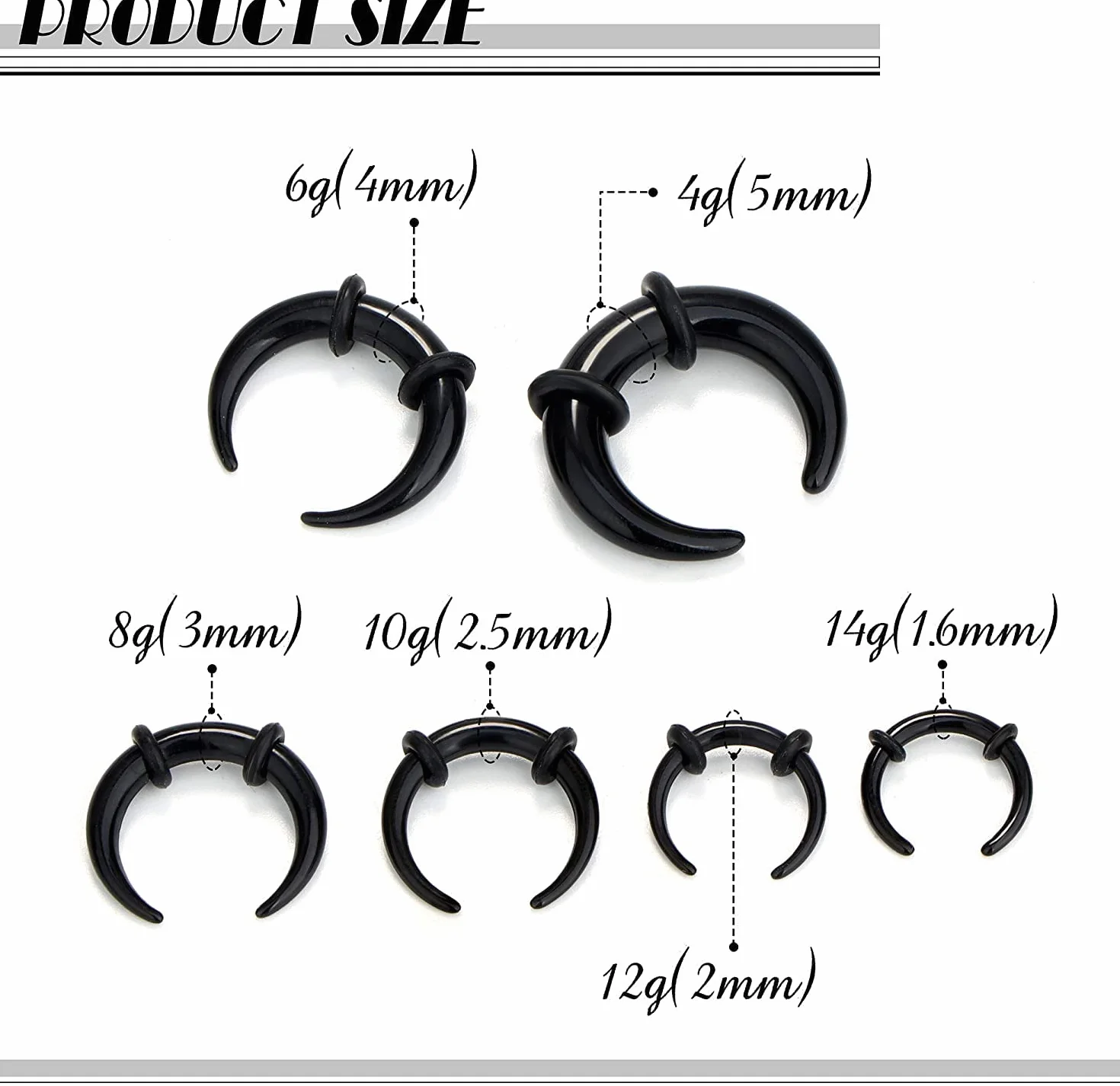 ORAZIO 18/24 sztuki akrylowych pincher 14G-4G kolczyk do septum, kształt C, Buffalo Stretcher Expander z czarnymi o-ringami do rozciągania przekłutej chrząstki ucha nosowego