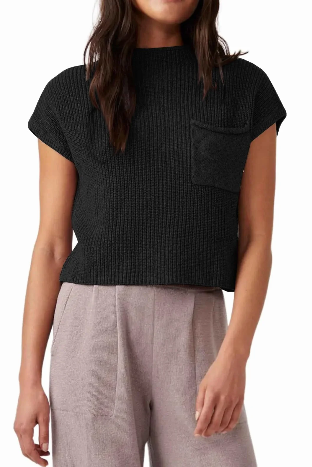 Saodimallsu Damski T-shirt sweter letni krótki rękaw sweter z dzianiny górna część okrągły dekolt lekki sweter z dzianiny basic topy koszulka koszulka z kieszenią