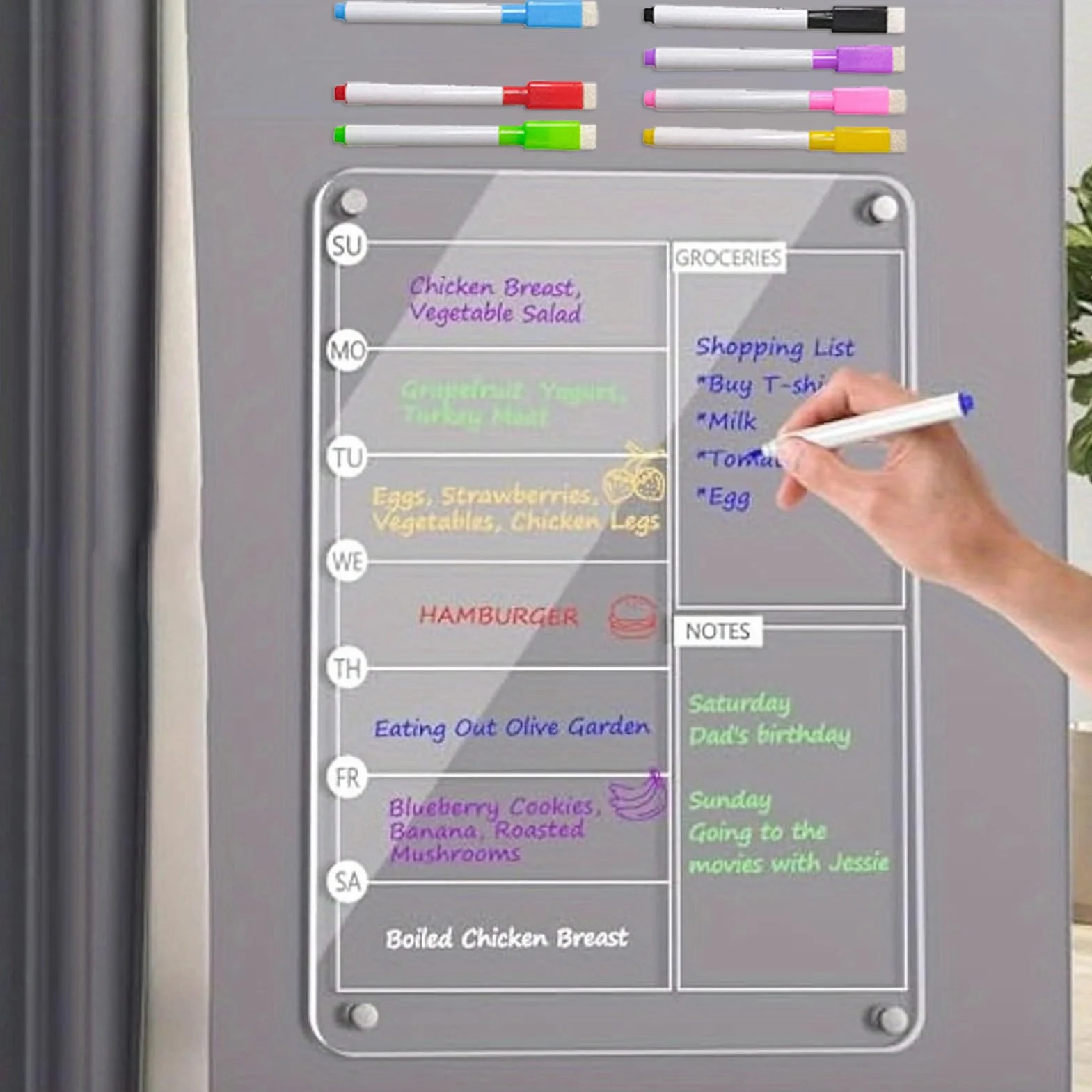 Acrylic Meal Planner, Magnetic Whiteboard Weekly Planner with 8 Markers, Erasable Note board for Shopping List, Chore Chart, Groceries, Kitchen, Family, Apartment