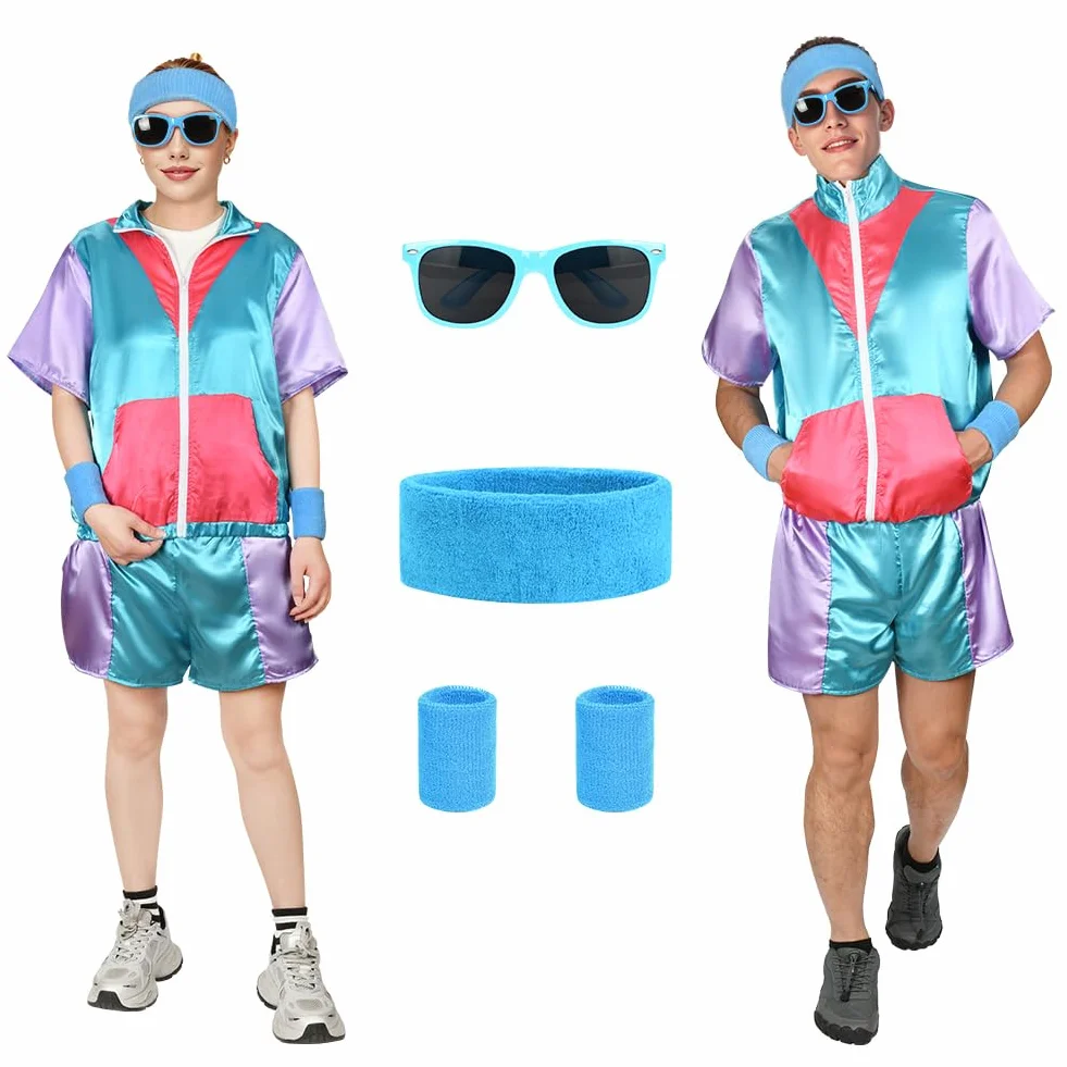 Aomig Strój hip-hopowy z lat 90. XX wieku, modny kostium z lat 80. i 90., odzież sportowa, do dyskoteki, z opaskami na nadgarstek, disco, fantazyjna sukienka w stylu lat 80. XX wieku, dres na