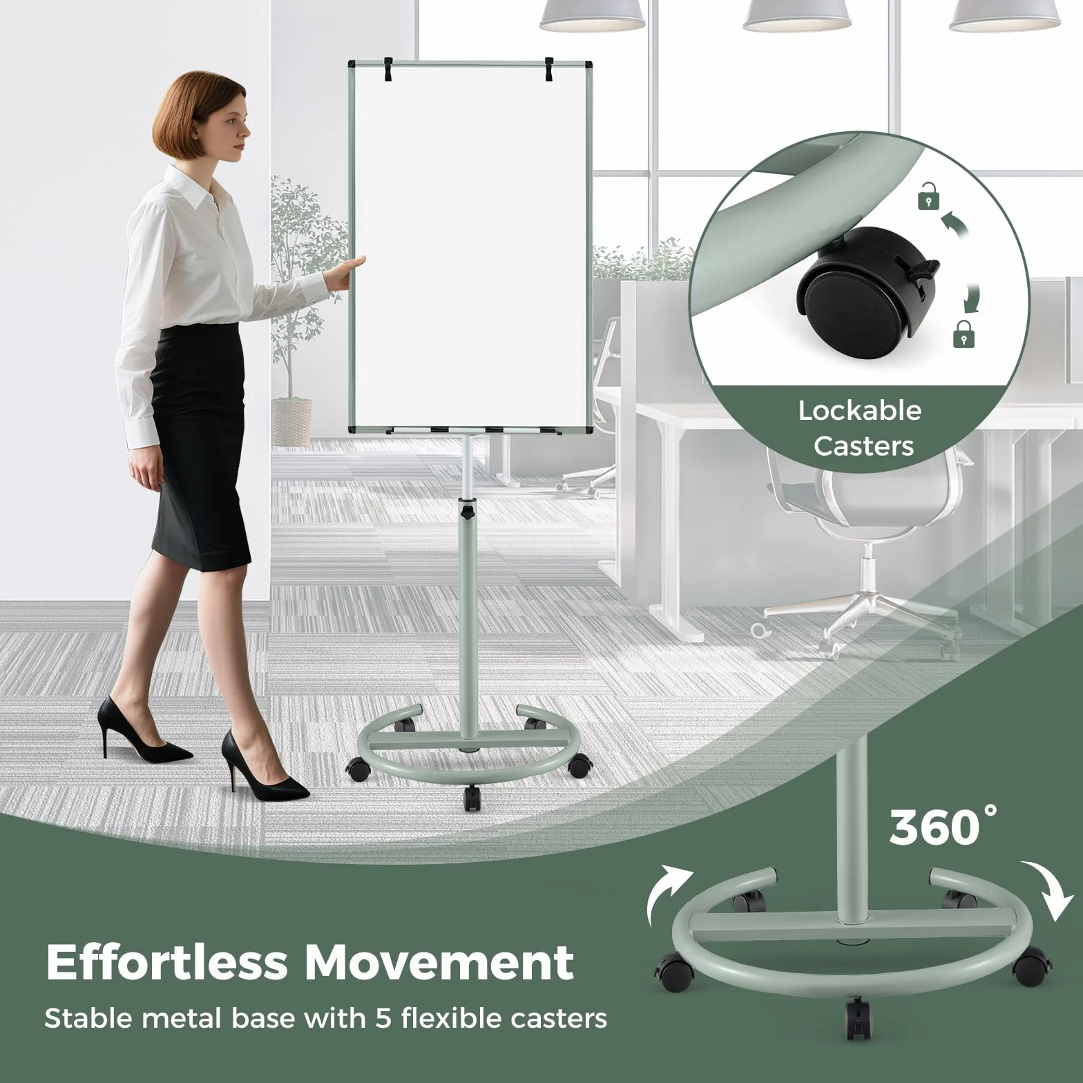 GIANTEX Stojak na flipchart 100 x 65 cm, mobilna tablica suchościeralna z nóżką na rolki, z regulacją wysokości i magnetyczną tablicą suchościeralną z półką na długopisy, zmywalna na sucho (zielony)