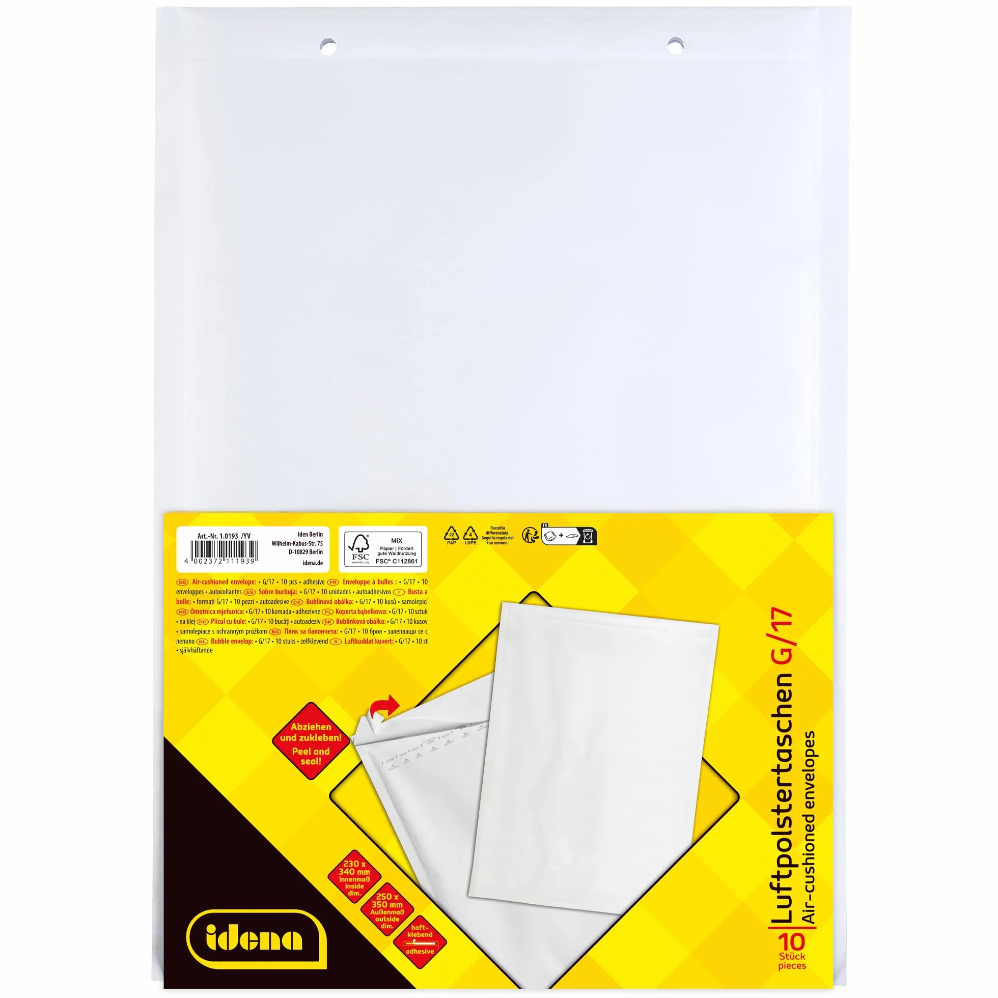 Idena 90562 – koperty bąbelkowe G/17, 10 sztuk o wymiarach 25 x 35 cm, koperty samoprzylepne, koperty wyściełane z papieru FSC Mix w kolorze białym