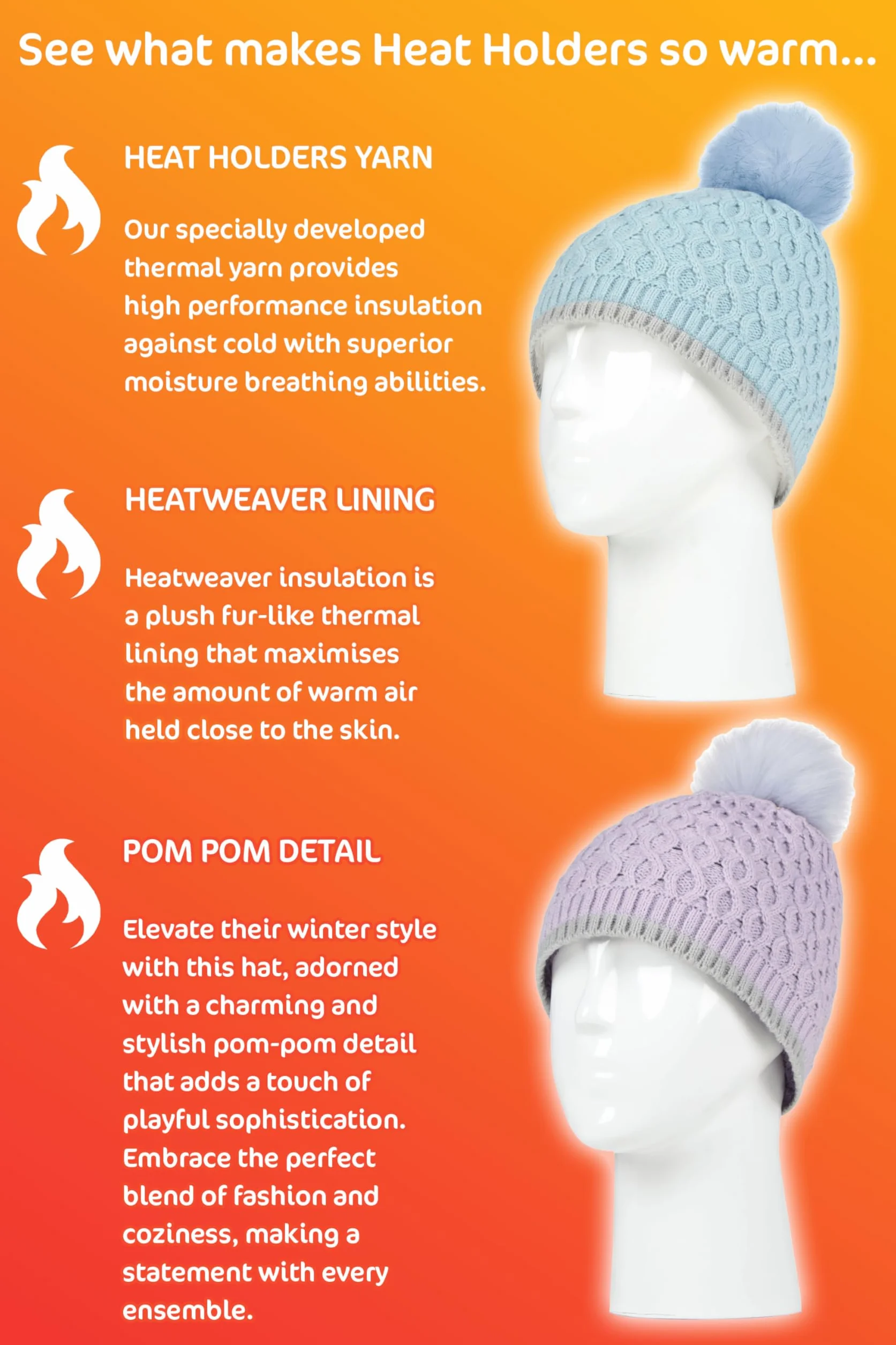 Heat Holders - Dziewczęca czapka i rękawiczki z pomponem z izolacją termiczną | Kolorowe pastelowe style