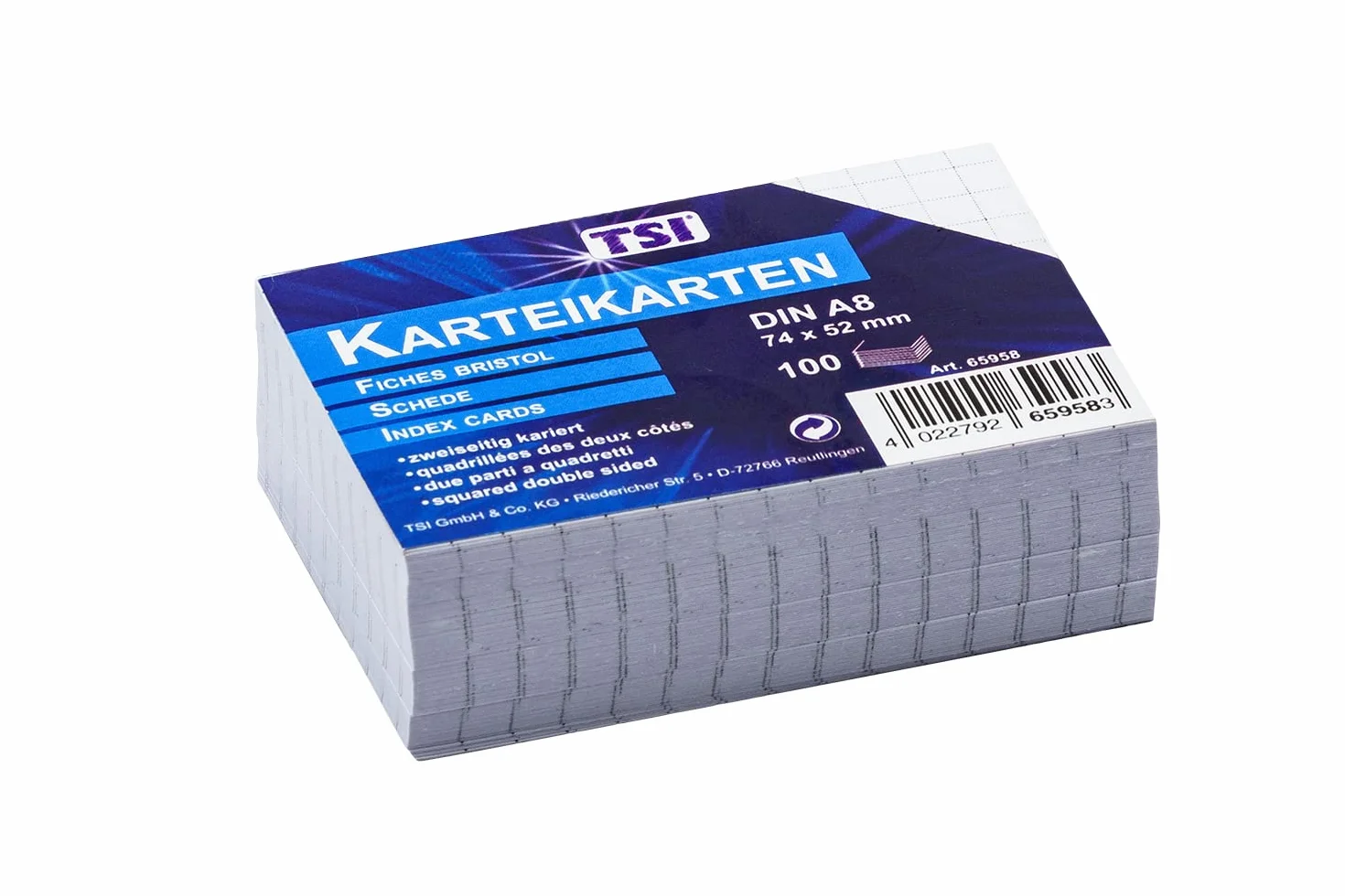 TSI Fiszki DIN A8, opakowanie 100 sztuk, w kratkę, białe