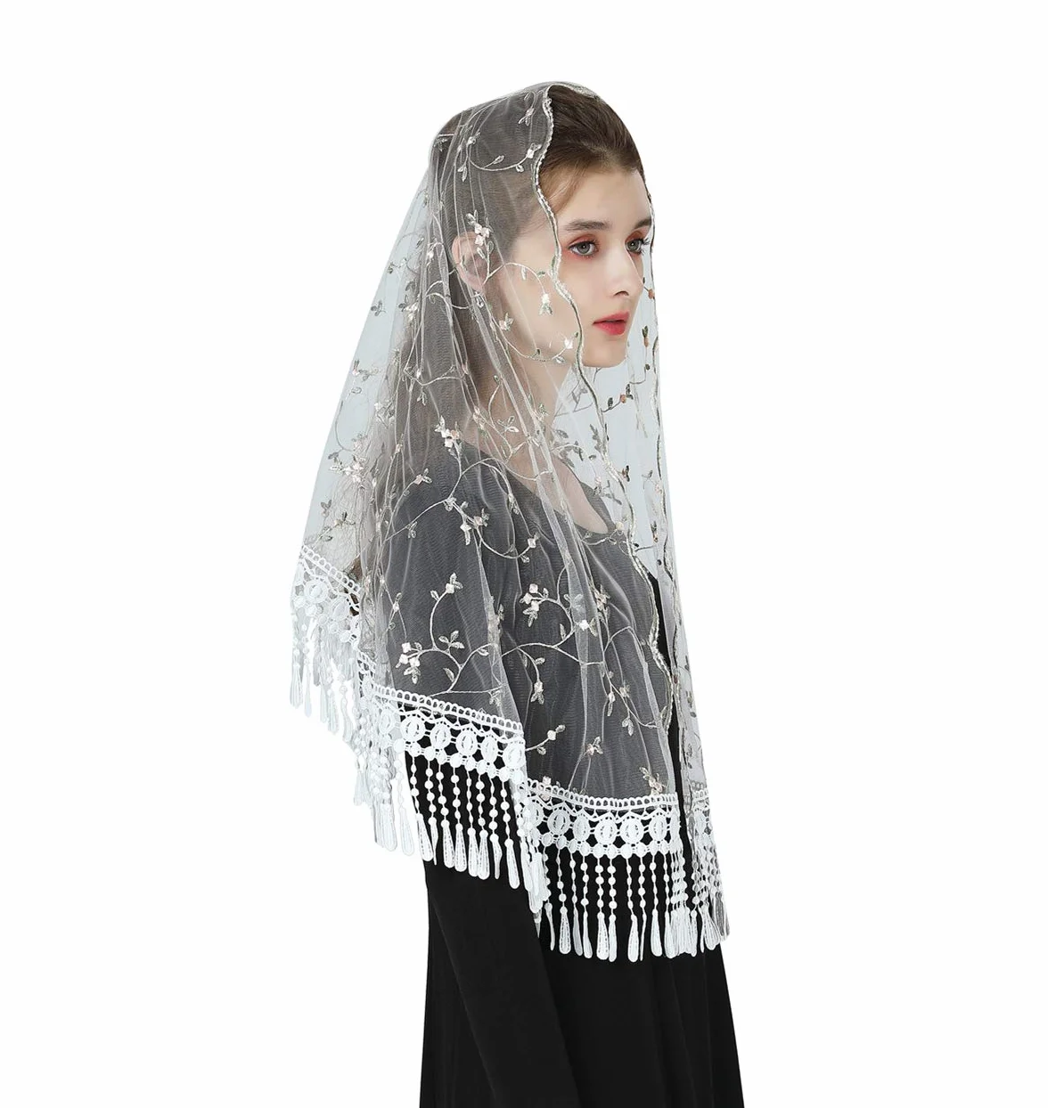 BEAUTELICATE Mantilla V118 koronkowy szal katolicki welon etola z frędzlami czarno-biały dla kobiet na targach łacińskich kaplica kościelne wesele