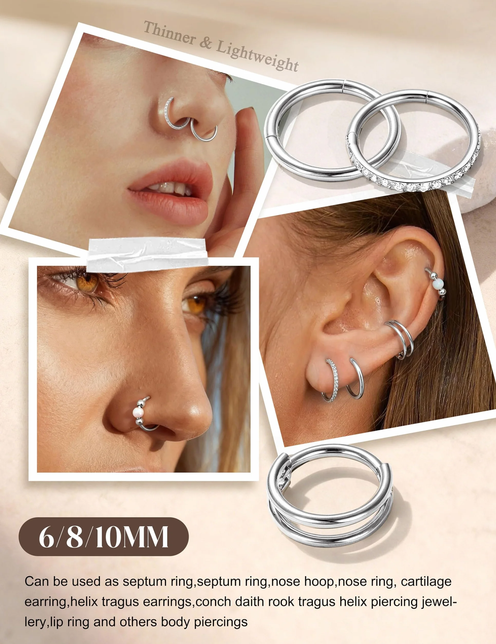 Morfetto 4 sztuki kolczyków do nosa, 16 g, 18 g, 20 g, stal chirurgiczna 316L, kolczyk do nosa, helix, conch, tragus, daith, złoto, srebro, clicker, 6 mm/8 mm/10 mm