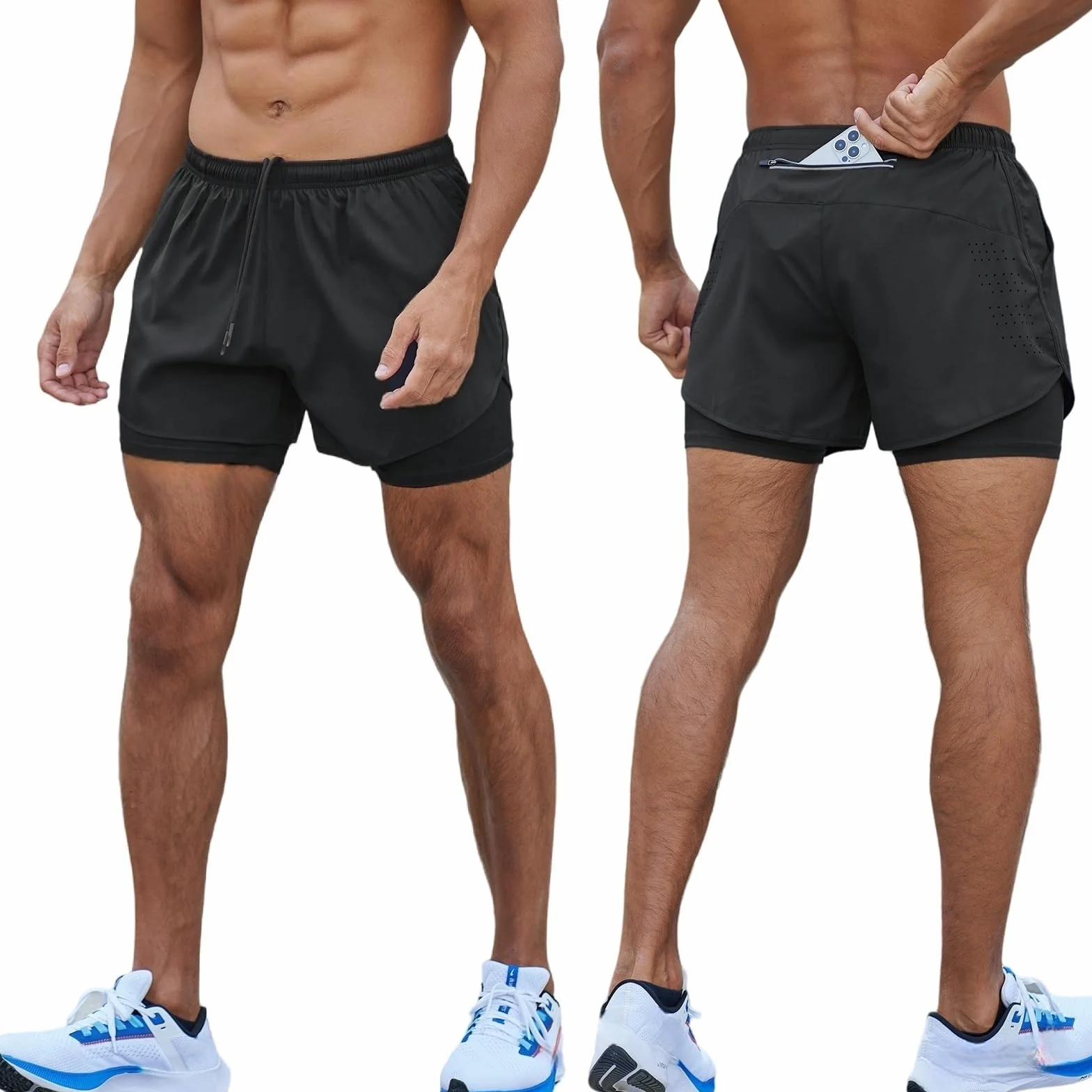 Męskie spodenki sportowe, krótkie, szybkoschnące, 2 w 1, lekkie spodenki z zamkiem błyskawicznym, spodnie sportowe z kieszeniami, spodnie fitness, spodnie do biegania, spodenki treningowe
