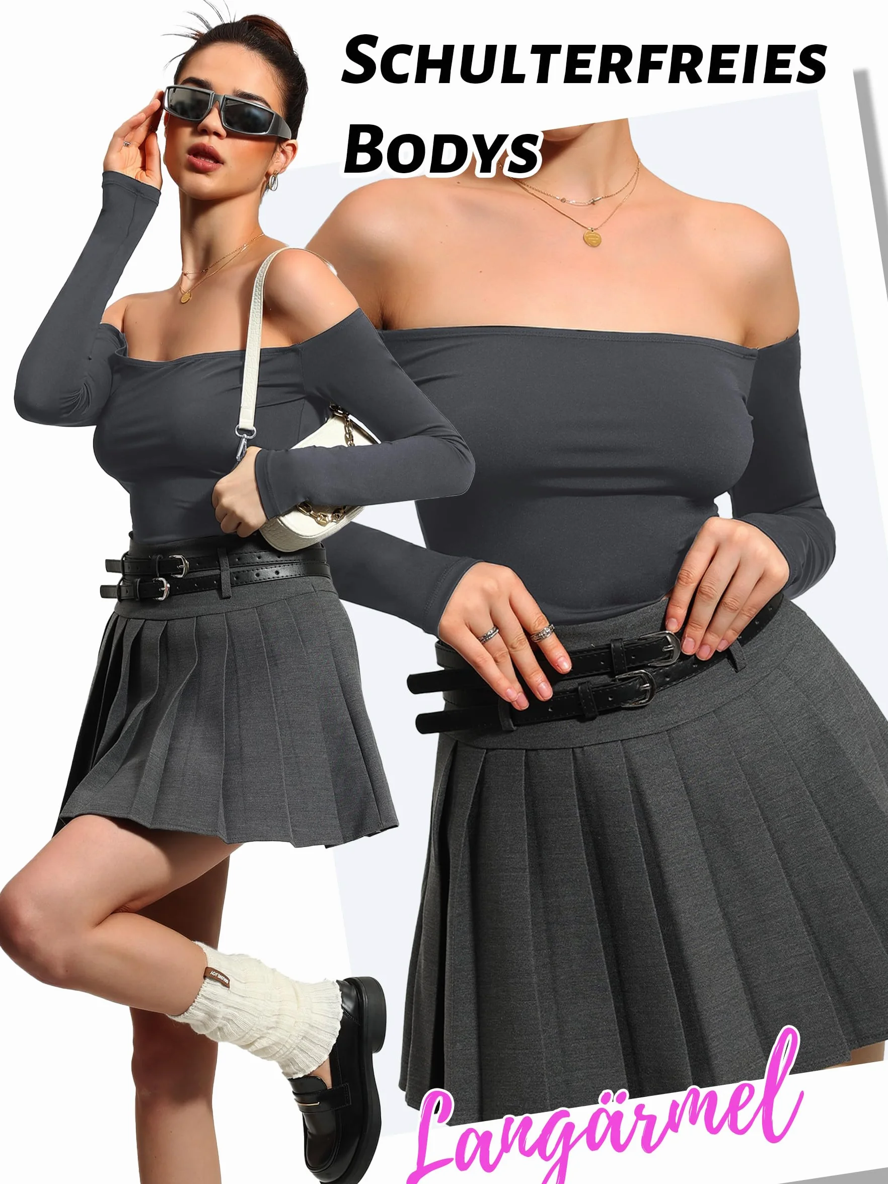 HAWILAND Body damskie body z odkrytymi ramionami, z długim rękawem, seksowne, eleganckie body dla kobiet