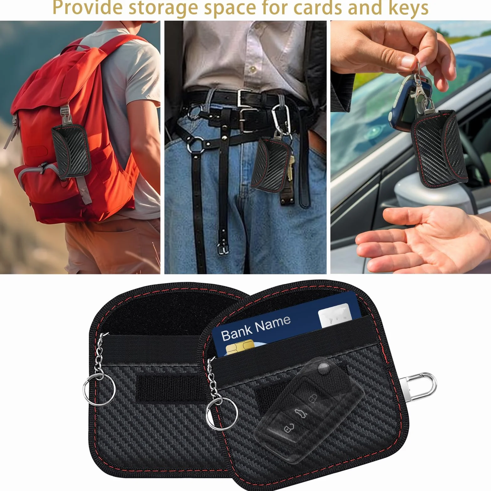 Faraday Bag Keyless Go Etui Ochronne na Kluczyki Samochodowe z Włókna Węglowego, Ochrona Przed Promieniowaniem, RFID, Blokujące Radio, z Hakiem i Kółkiem