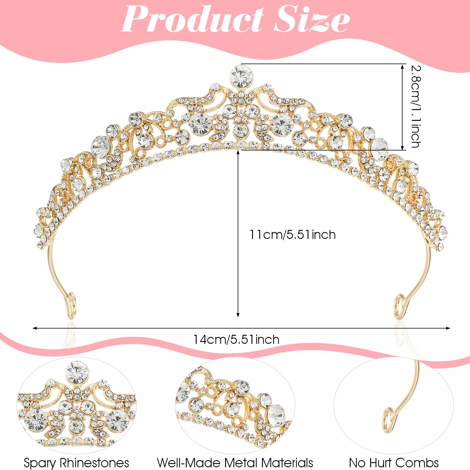Tiara, złota, srebrna, kryształowa korona, kryształowa korona, stras, księżniczka, elegancka korona ślubna, na bal absolwentów, dla panny młodej, królowej, księżniczki