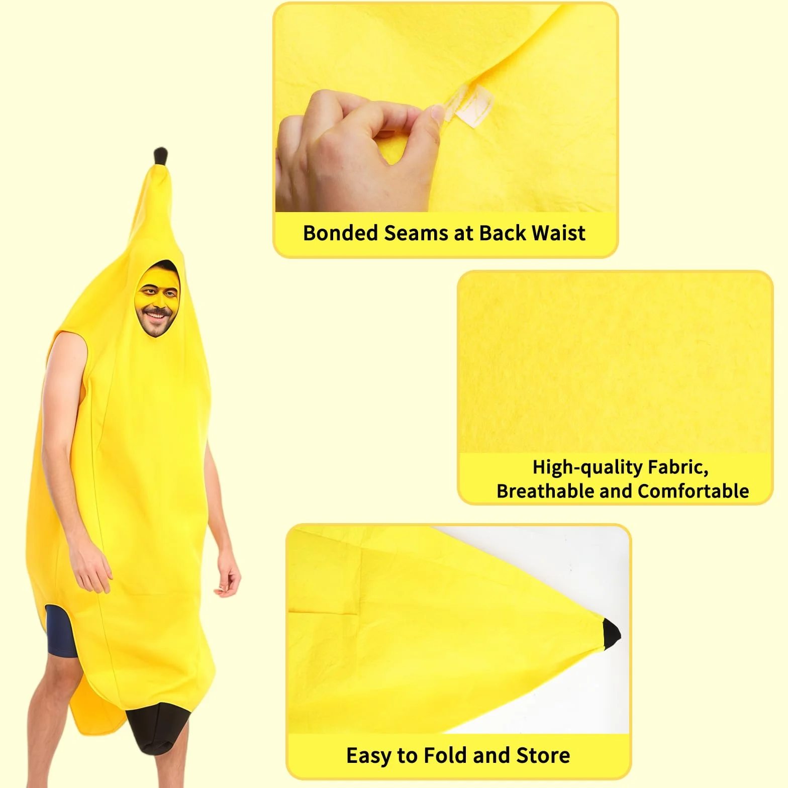 Kostium bananowy dla dorosłych, uniseks, zabawny kostium banana z żółtymi okularami, na karnawał, Halloween i imprezę cosplay, zabawny kostium dla mężczyzn i kobiet, 150-175 cm, kostium