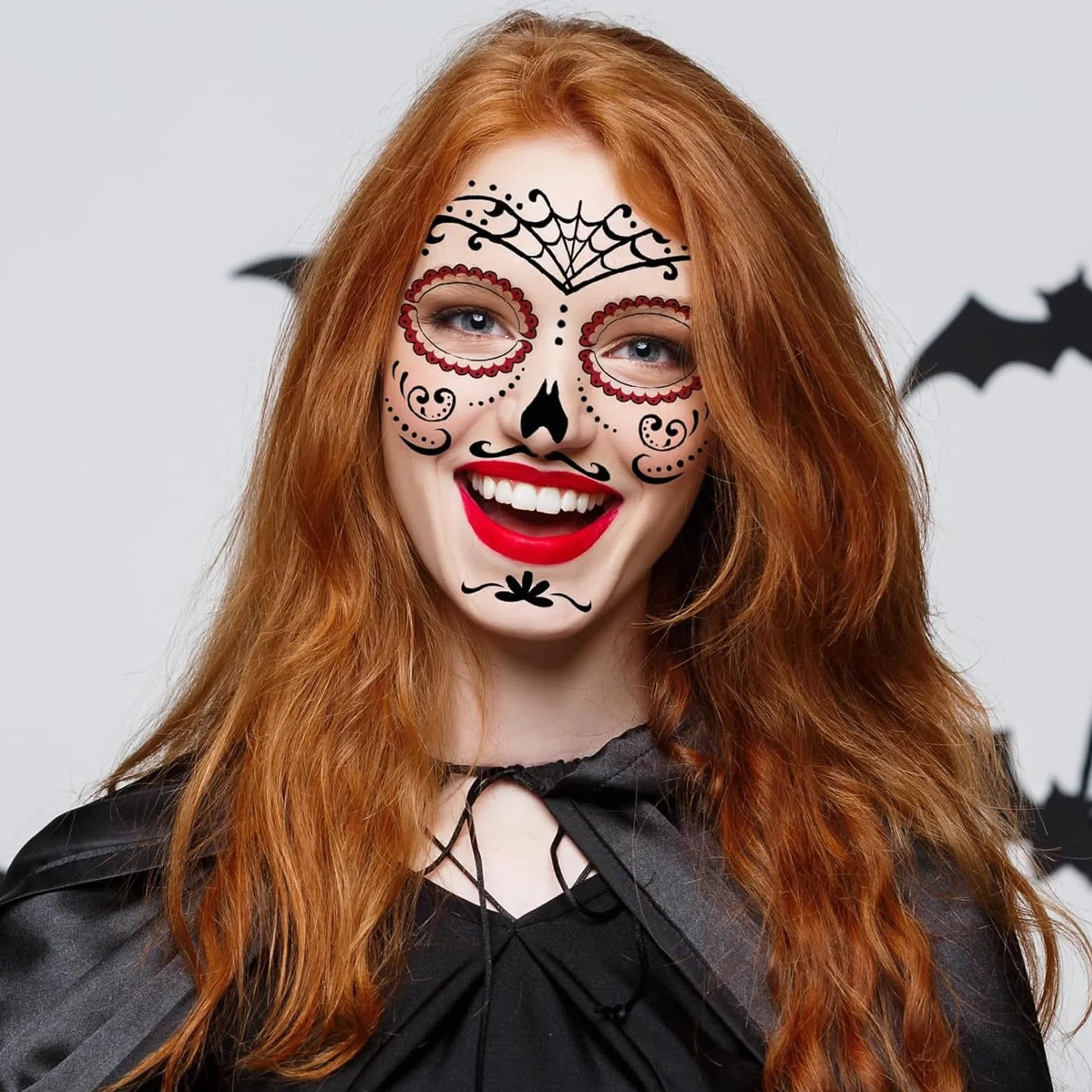 Tatuaż na Halloween, 10 arkuszy tymczasowych tatuaży z czaszką, tatuaże na Dzień Zmarłych czaszek, kwiatowy szkielet, pajęczyna, czerwone róże, na Halloween, maskaradę, imprezę Cosplay