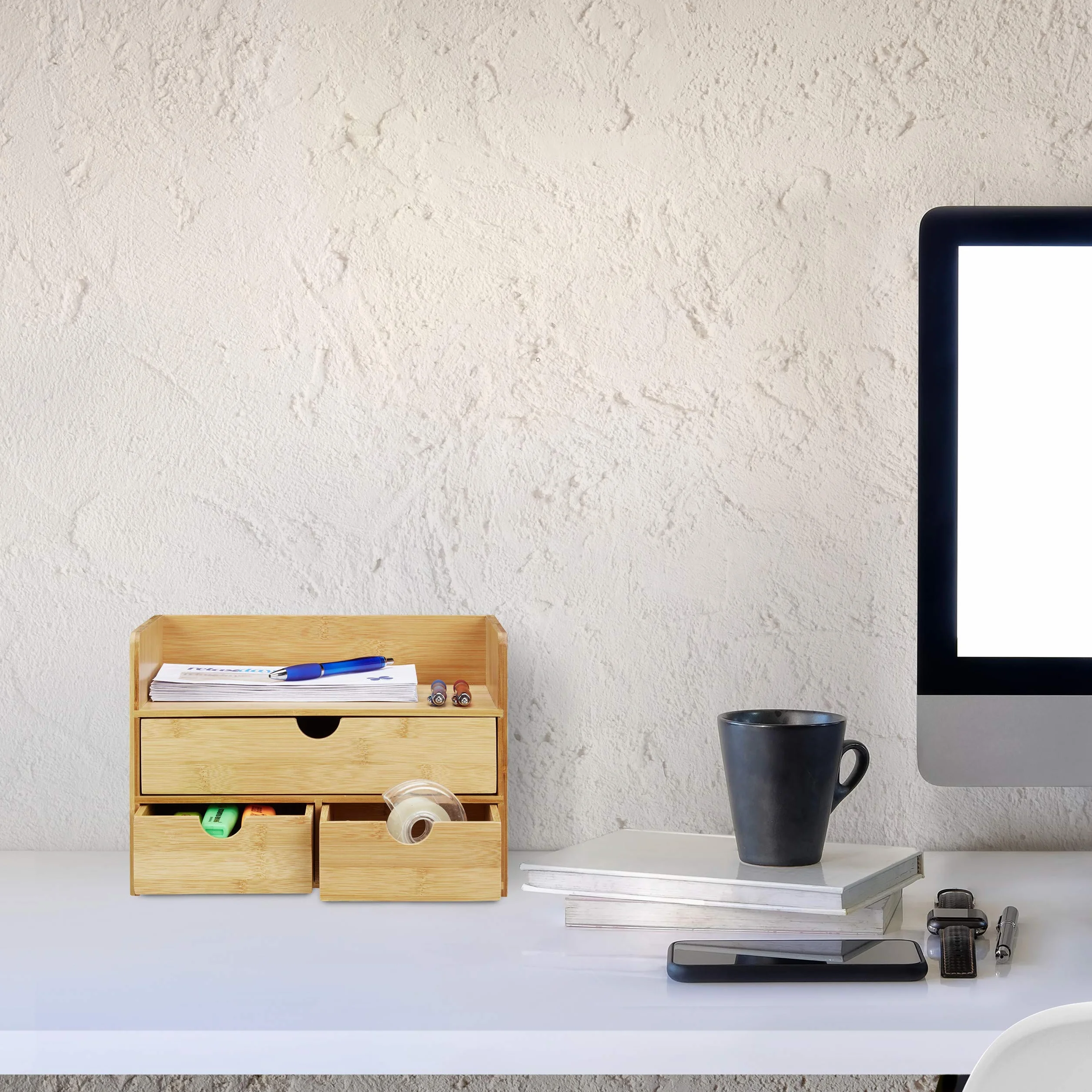 Relaxdays Organizer na biurko, bambusowa taca na listy, szuflada na artykuły pa, system archiwizacji, naturalny