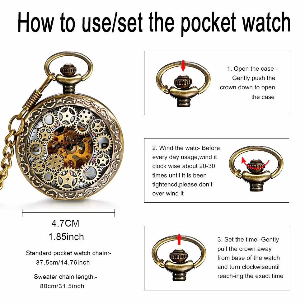 Unendlich U Męski zegarek kieszonkowy z cyframi rzymskimi z łańcuszkiem, analogowy, ręcznie nawijany, uniseks, retro, steampunk, brązowy, retro, Brązowy, vintage lub steampunk