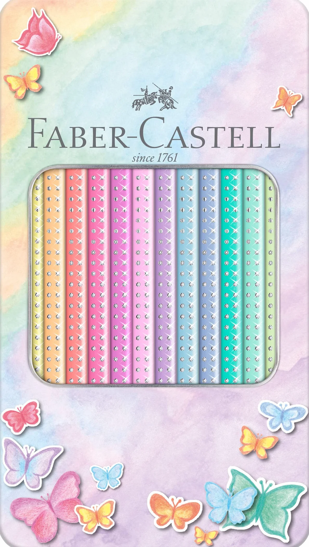 FABER-CASTELL 201910 – zestaw kredek Sparkle Pastel, 12 sztuk, w metalowym etui, trójkątne, odporne na złamania
