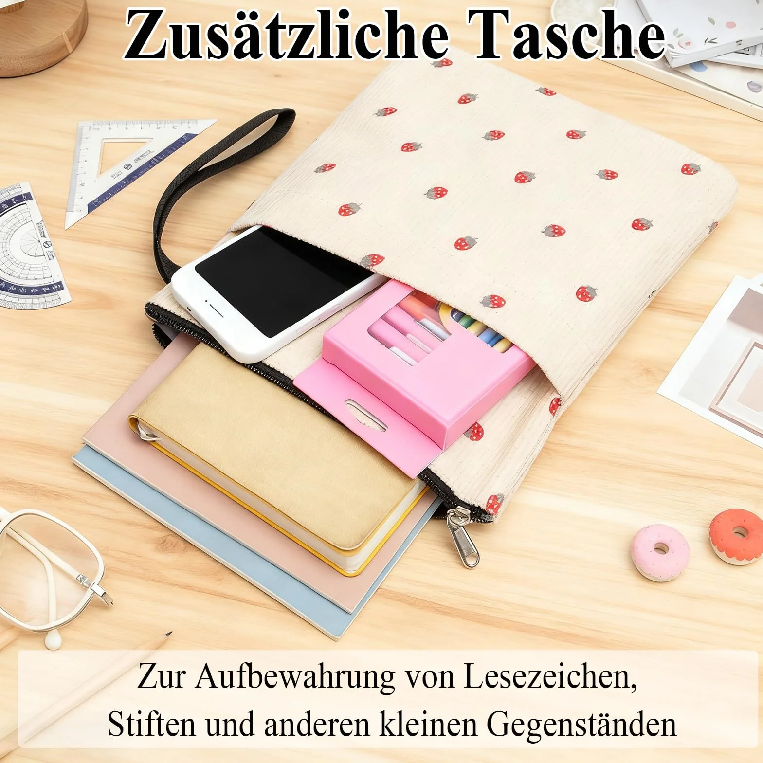 Etui na książkę z zamkiem błyskawicznym, wzór truskawkowy, miękki pokrowiec, kieszeń na książki z przodu walizki, okładka na książki na powieści i podręczniki szkolne, prezent