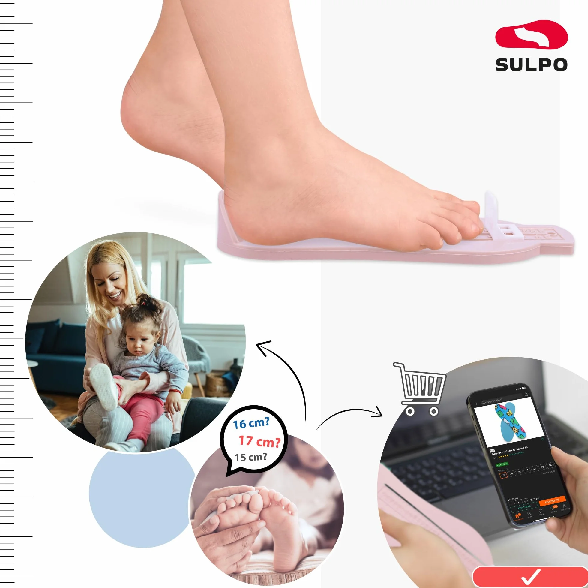 SULPO Miarka do pomiaru stóp dla dzieci - pomiar rozmiaru buta od 6 cm do 20 cm - Przyrząd pomiarowy stóp dla dzieci - Łatwa w użyciu linijka pomiarowa